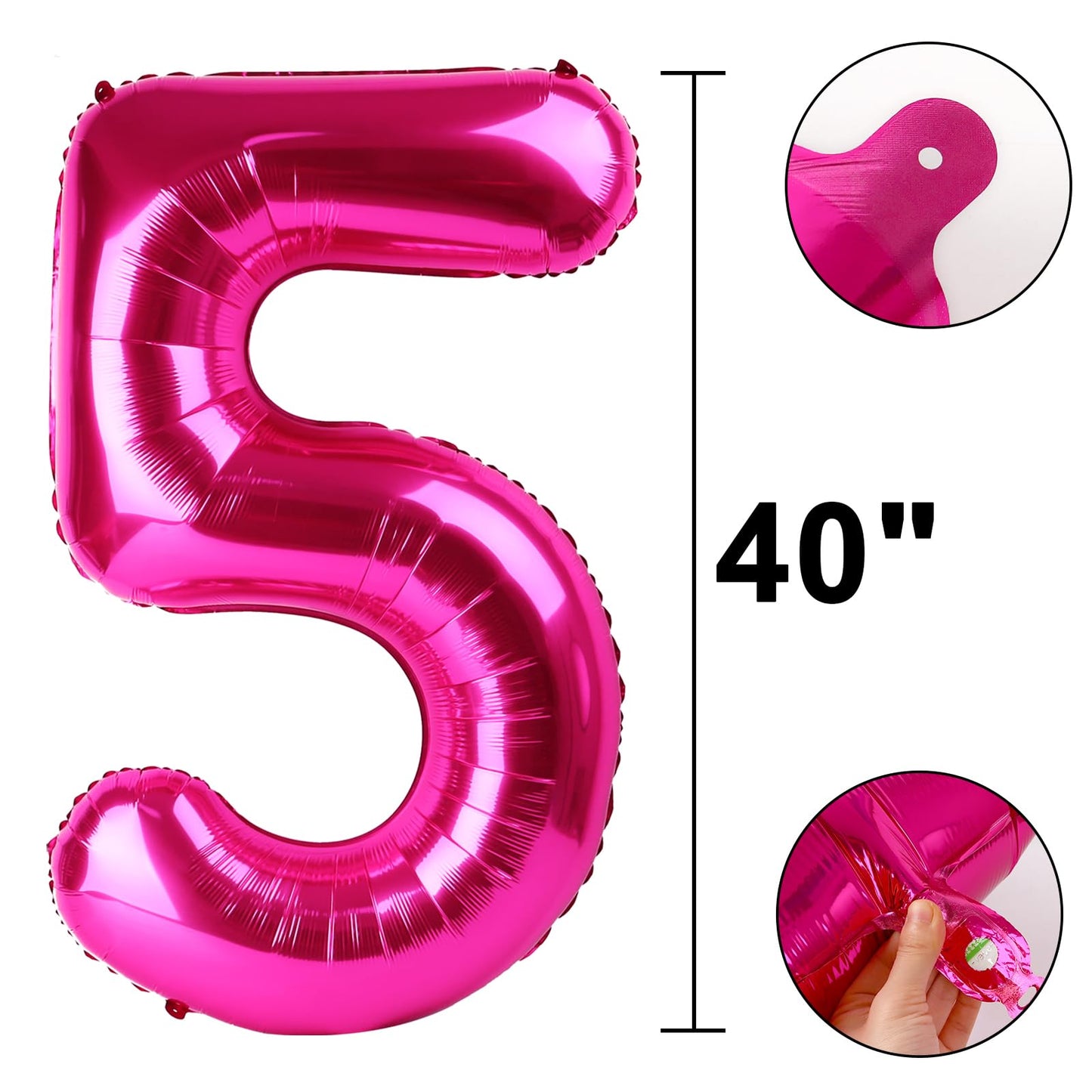 Kelfuoya Rose Red Number 5 Balloon – 40-Inch Giant Hot Pink Foil Balloon for Birthdays & Celebrations