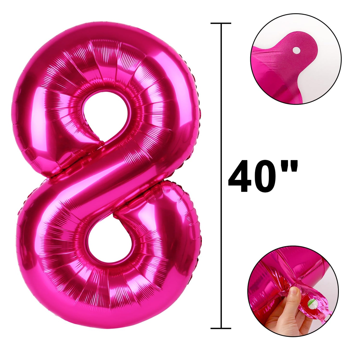 Kelfuoya Rose Red Number 8 Balloon, 40-Inch Jumbo Hot Pink Foil Balloon for Birthdays & Anniversaries
