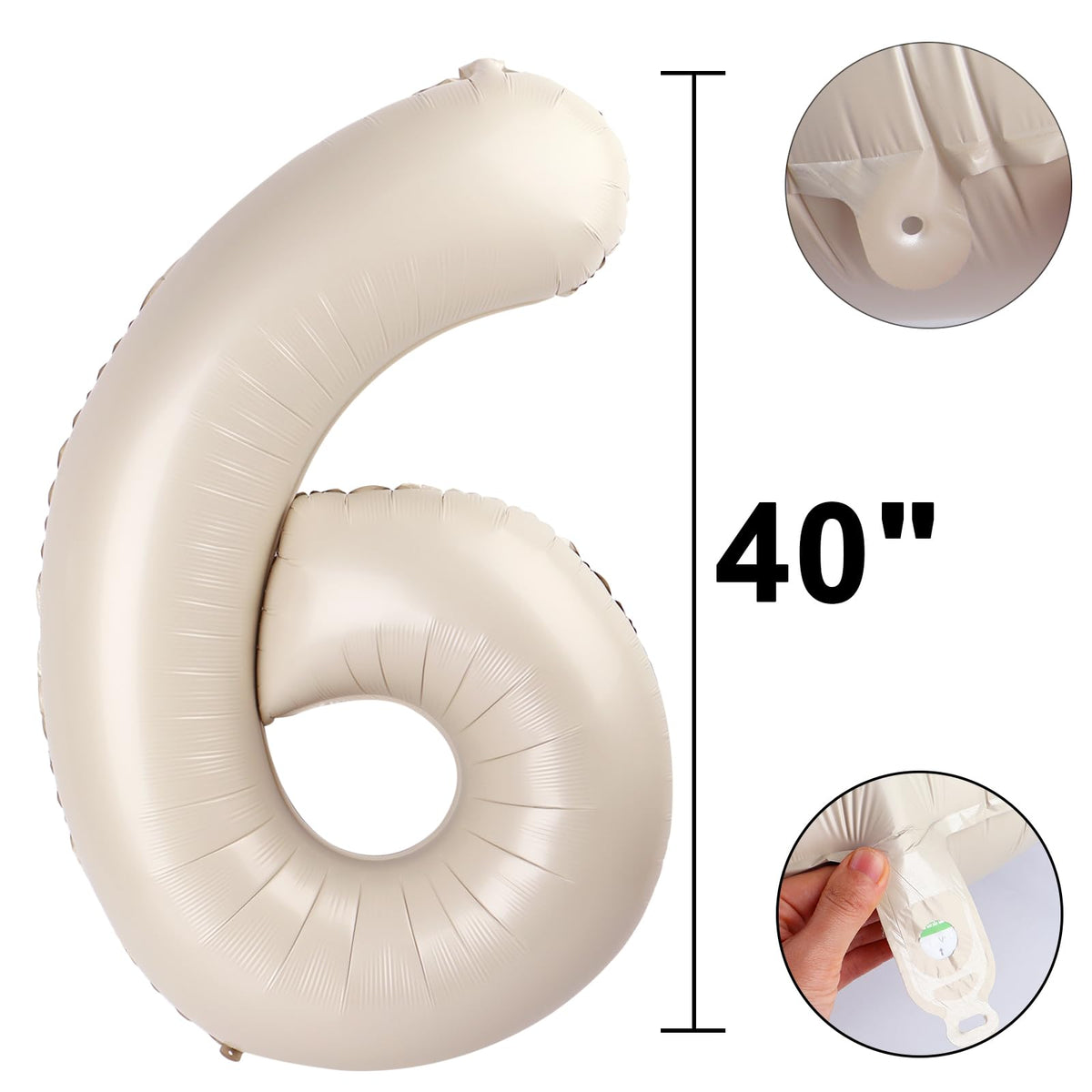 Kelfuoya 40-Inch Milk White Number 6 Cream Foil Balloon – Large Mylar Birthday Number