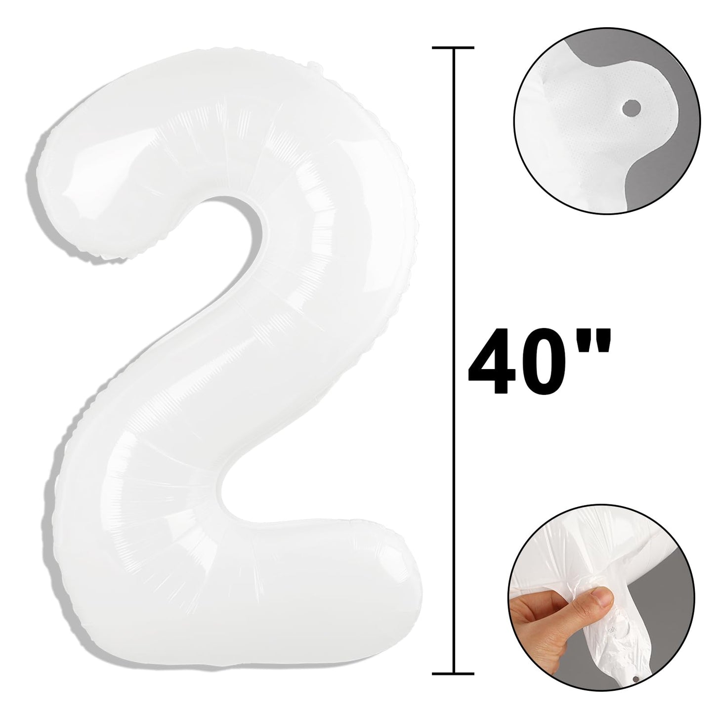Kelfuoya 40-Inch White Number 2 Foil Balloon – Large Party Decor for Birthdays & Anniversaries