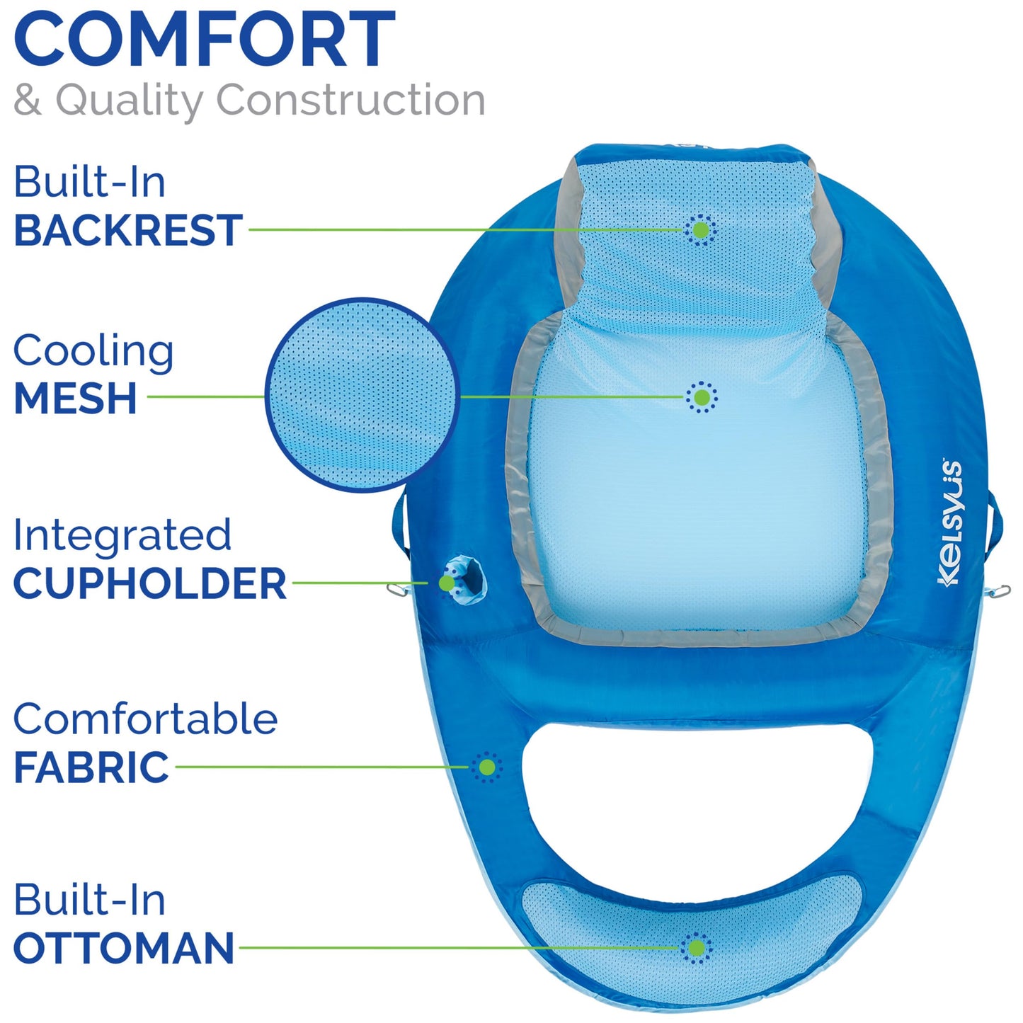 Kelsyus Spring Float Pool Lounger Chair – Light Blue | Mesh Seat, Inner Spring, Portable