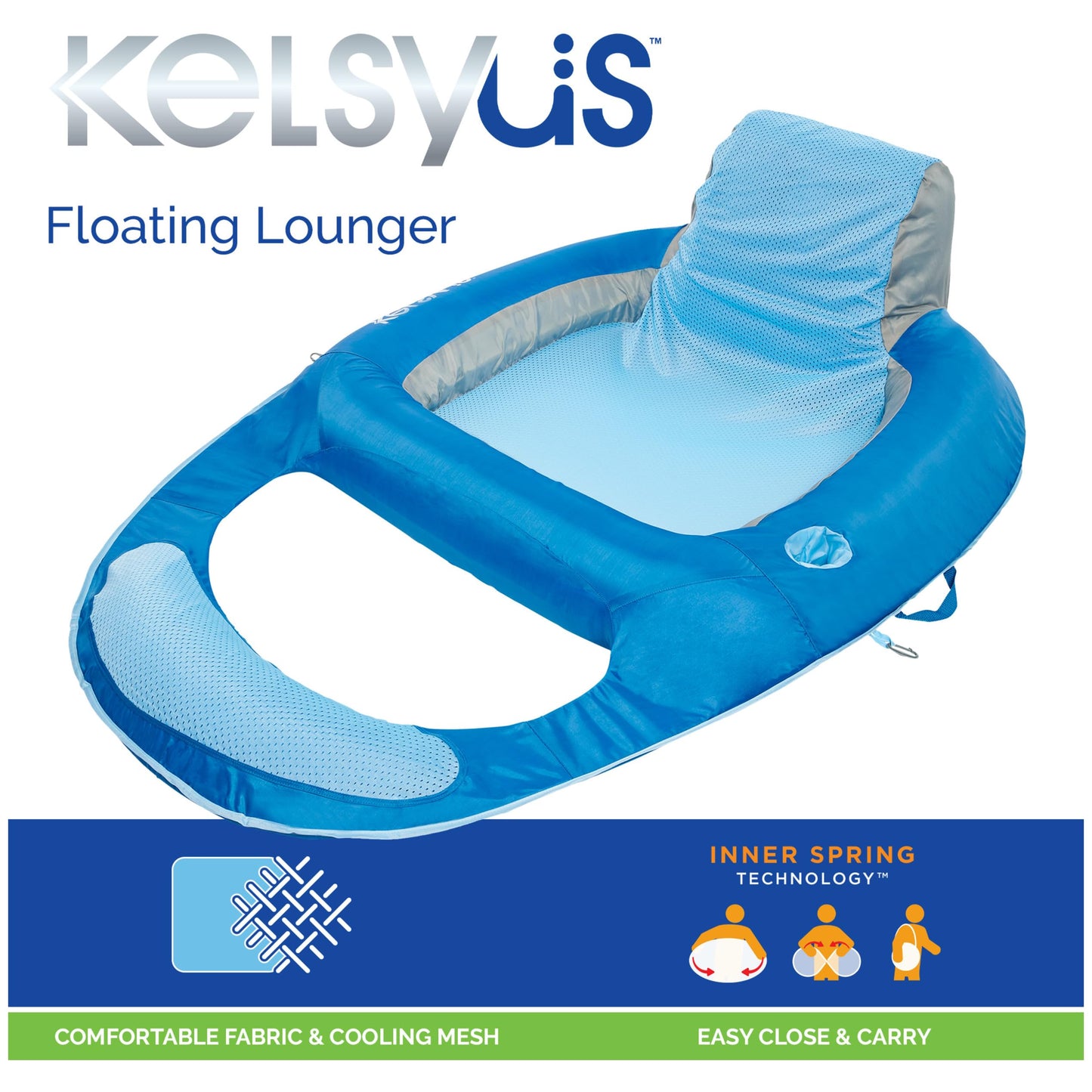 Kelsyus Spring Float Pool Lounger Chair – Light Blue | Mesh Seat, Inner Spring, Portable