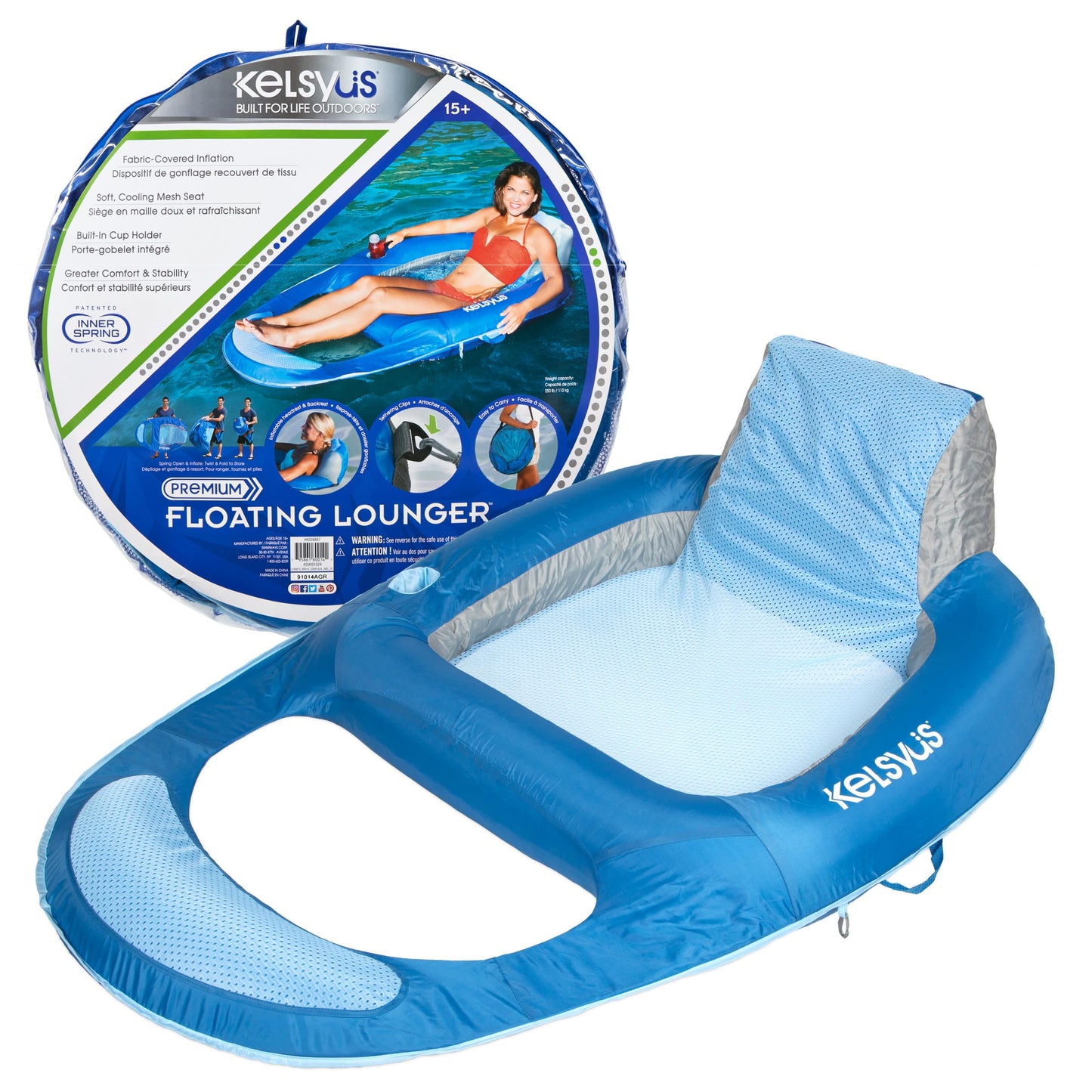 Kelsyus Spring Float Pool Lounger Chair – Light Blue | Mesh Seat, Inner Spring, Portable