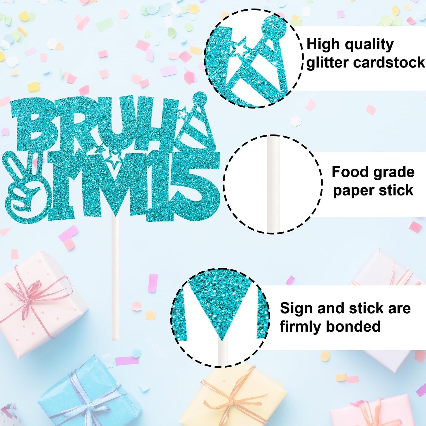 Keltora Blue Glitter Bruh I’m 15 Cake Topper – 15th Birthday Decoration