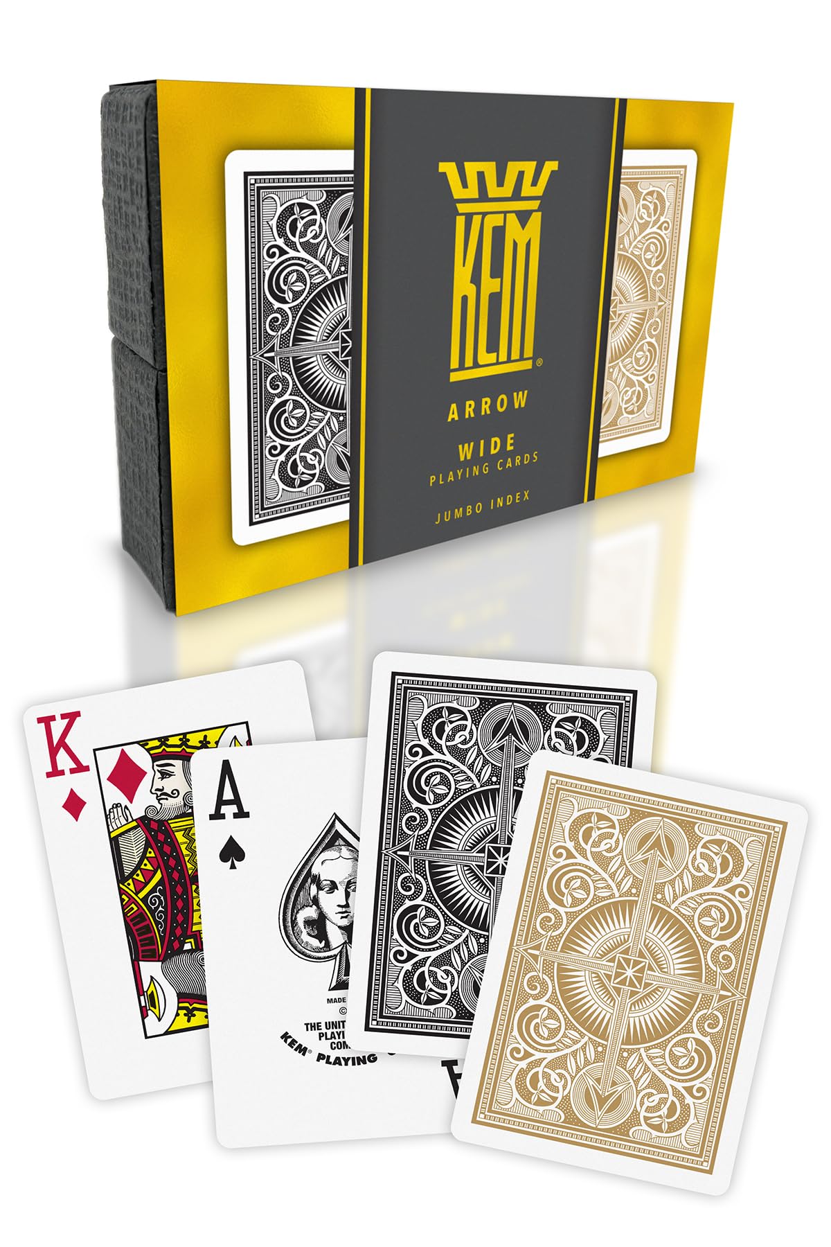 KEM Arrow Black and Gold Plastic Playing Cards – 2 Decks, Jumbo Index, Poker Size, Casino-Grade