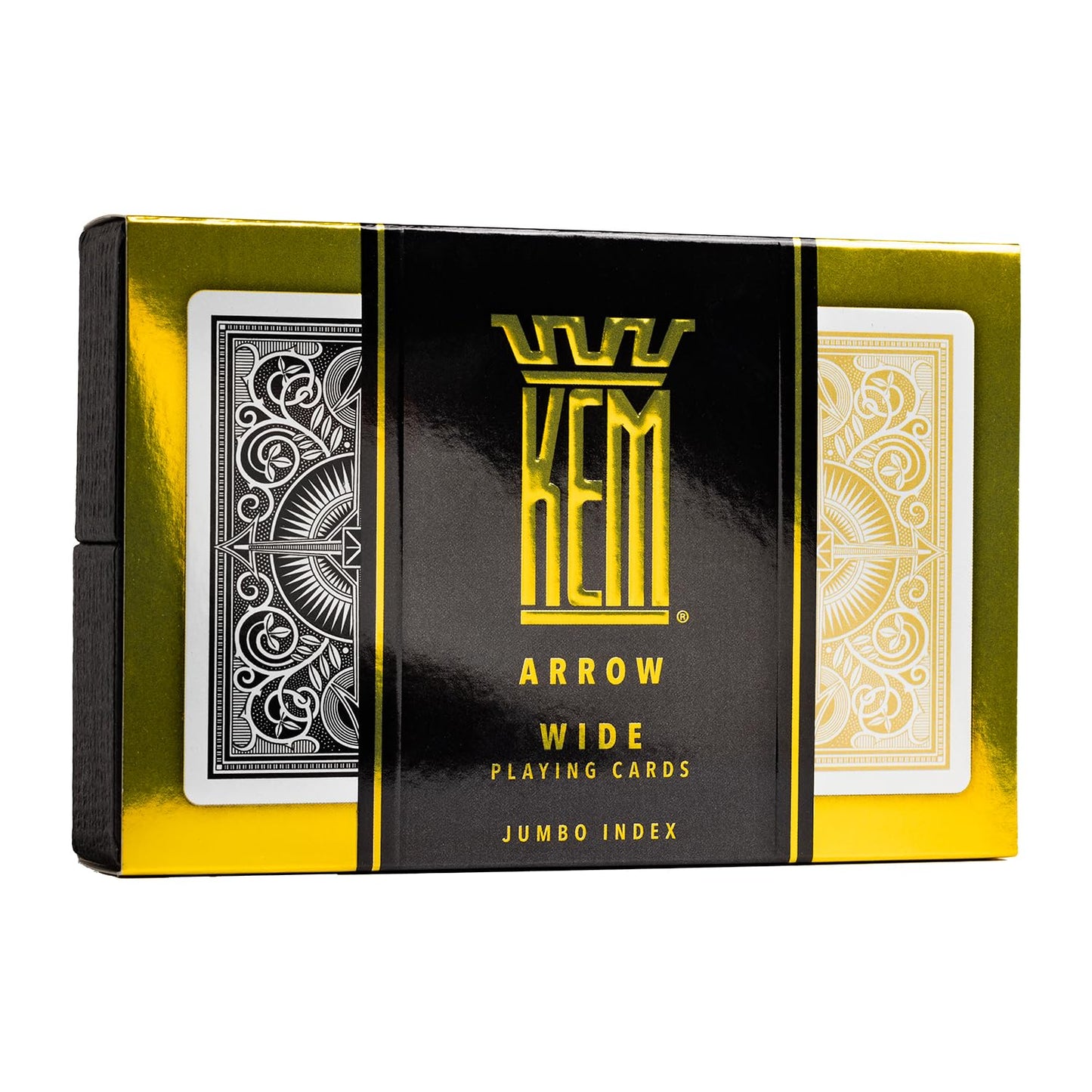 KEM Arrow Black and Gold Plastic Playing Cards – 2 Decks, Jumbo Index, Poker Size, Casino-Grade