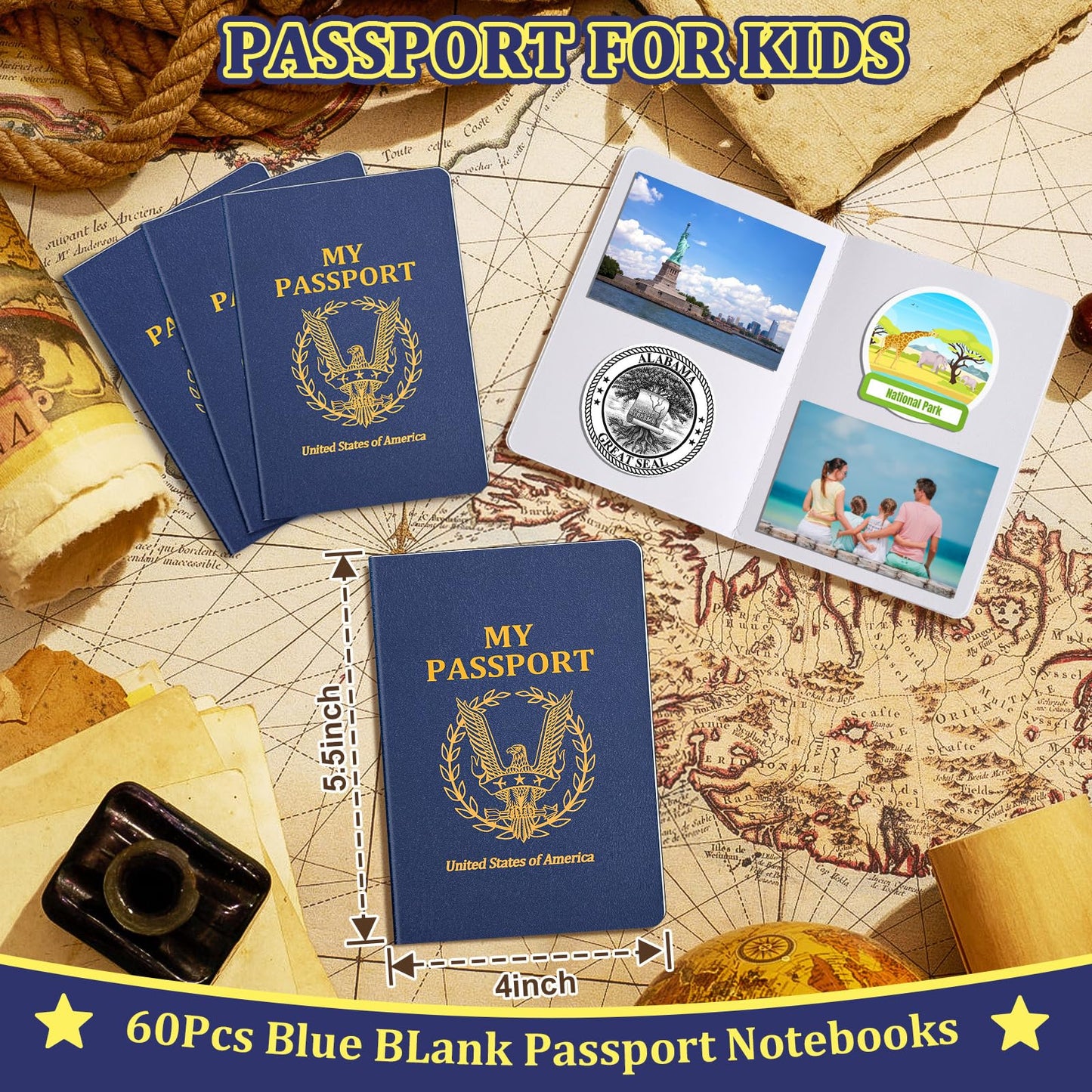 Kenburg 60-Piece Blank Passport Notebook Set for Kids – 4 x 5.5 in, Navy Blue