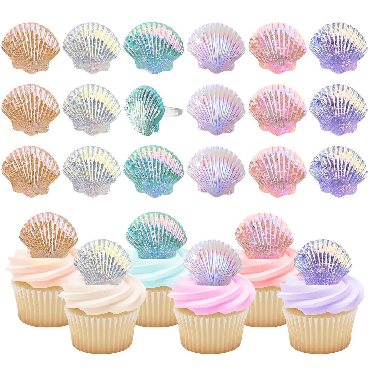 Kenning 48pcs Resin Seashell Cupcake Ring Toppers – Under the Sea Party Decor