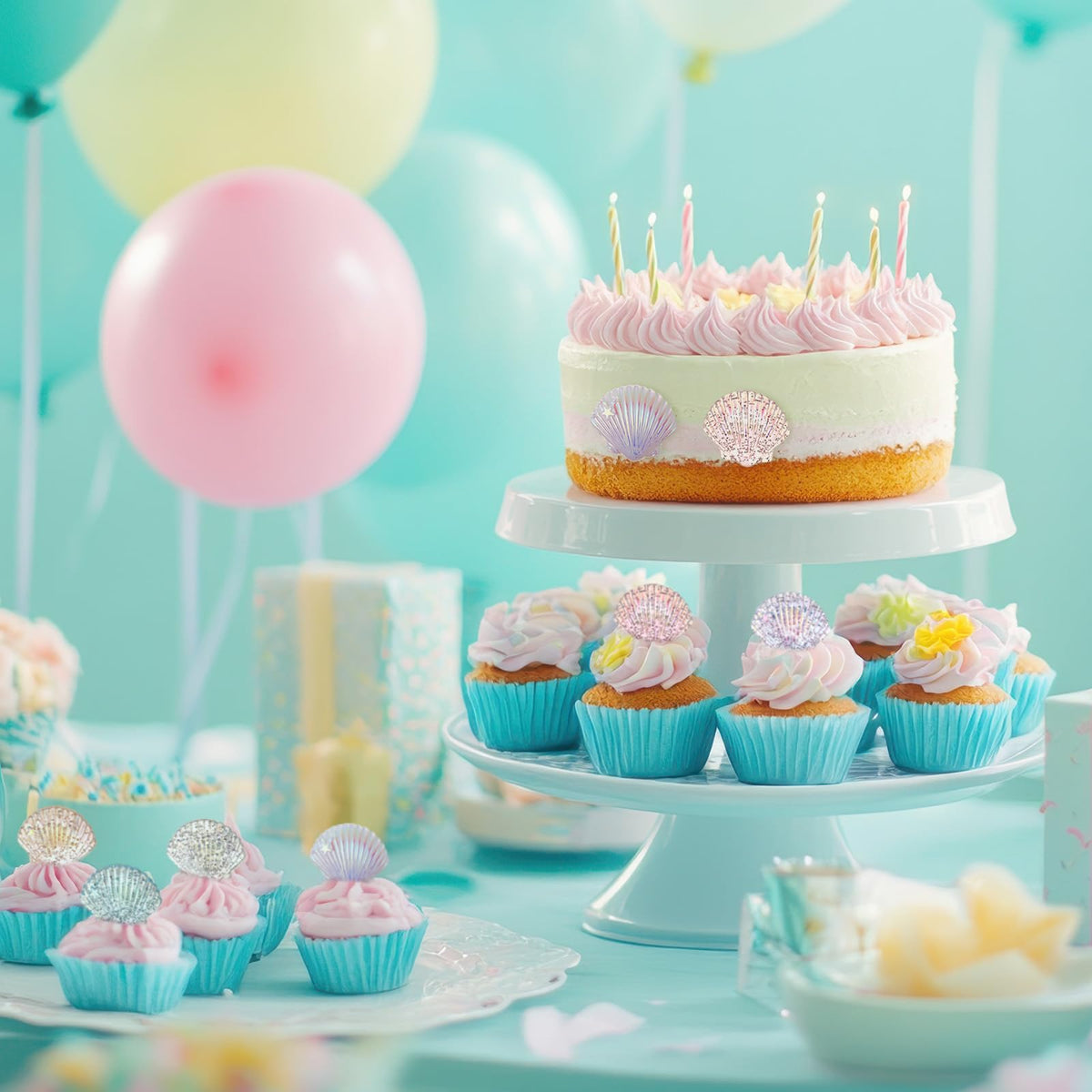 Kenning 48pcs Resin Seashell Cupcake Ring Toppers – Under the Sea Party Decor