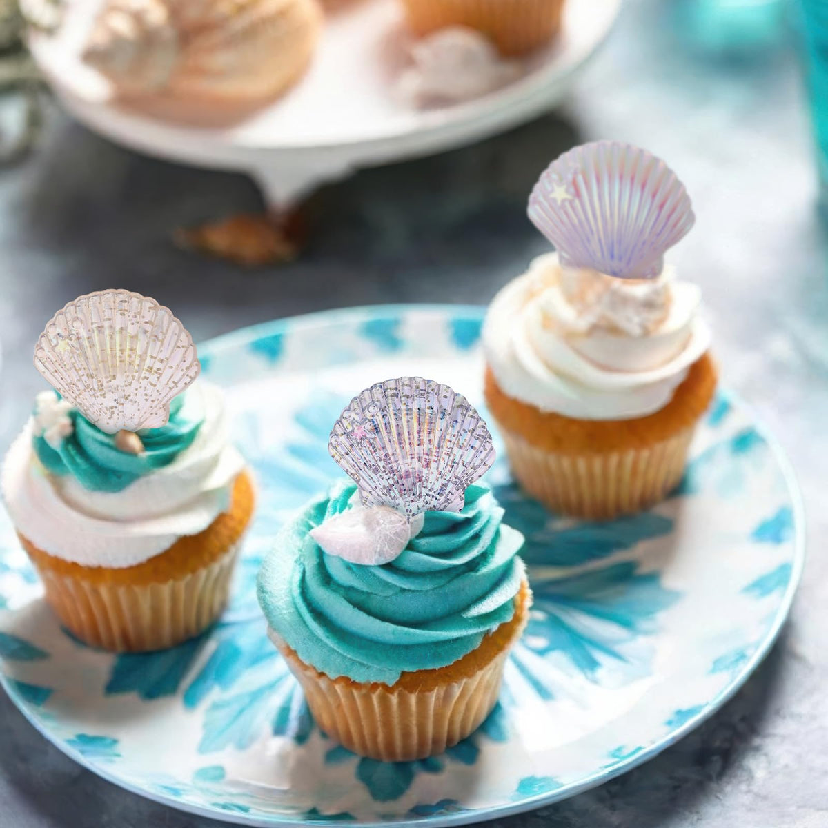 Kenning 48pcs Resin Seashell Cupcake Ring Toppers – Under the Sea Party Decor