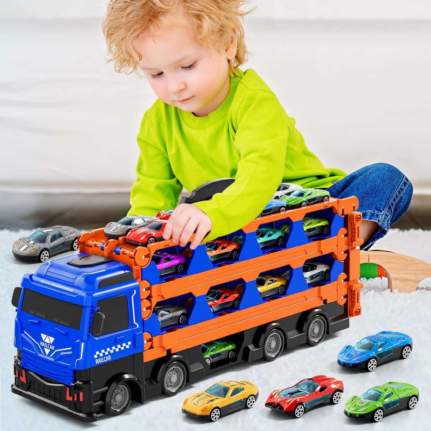 Kenthoris Transport Truck with 24 Die-Cast Cars – 78-Inch Race Track Toy for 2–7 Year Olds