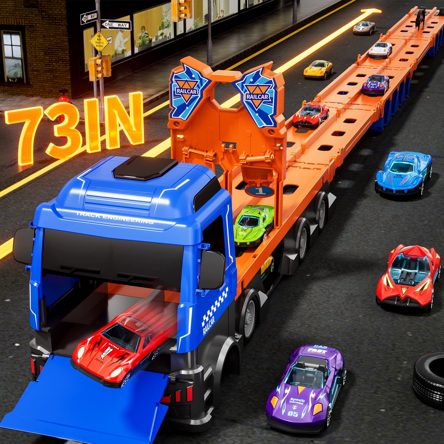 Kenthoris Transport Truck with 24 Die-Cast Cars – 78-Inch Race Track Toy for 2–7 Year Olds
