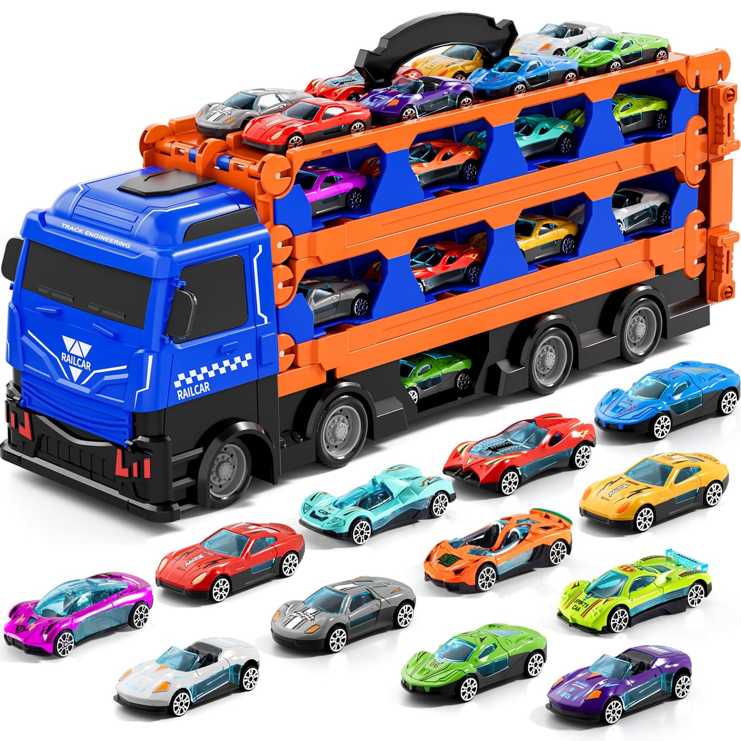 Kenthoris Transport Truck with 24 Die-Cast Cars – 78-Inch Race Track Toy for 2–7 Year Olds