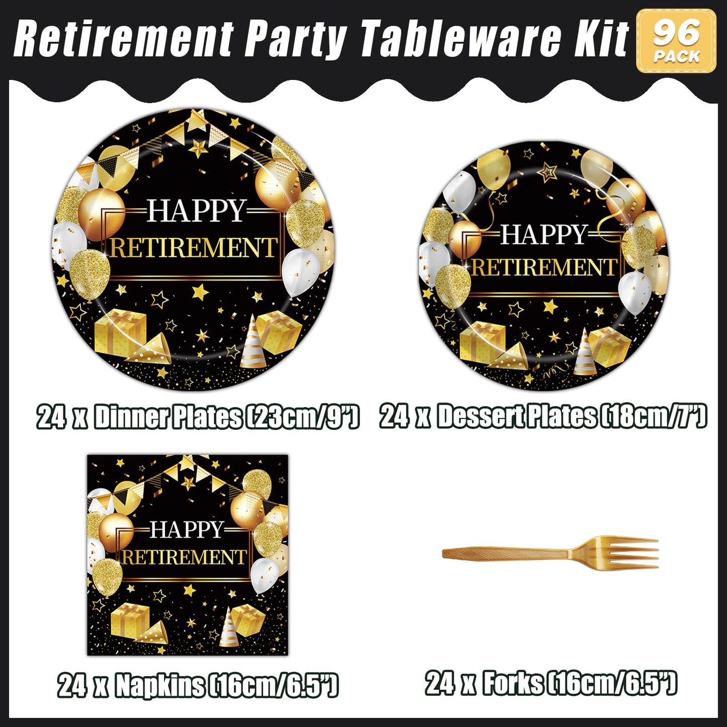 Kepeel 96 Pcs Retirement Party Plates & Napkins Set – Gold & Black Celebration Kit for 24