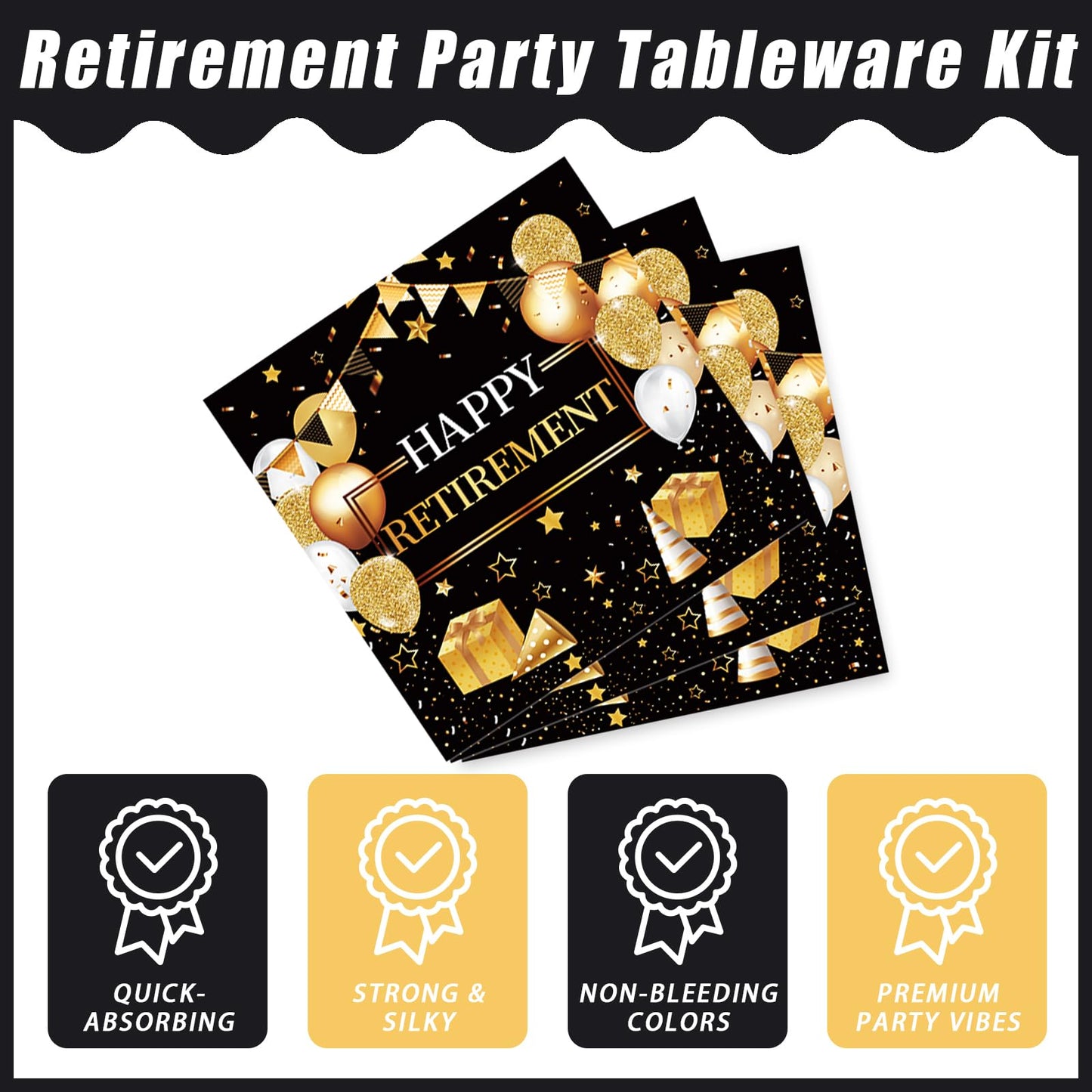 Kepeel 96 Pcs Retirement Party Plates & Napkins Set – Gold & Black Celebration Kit for 24