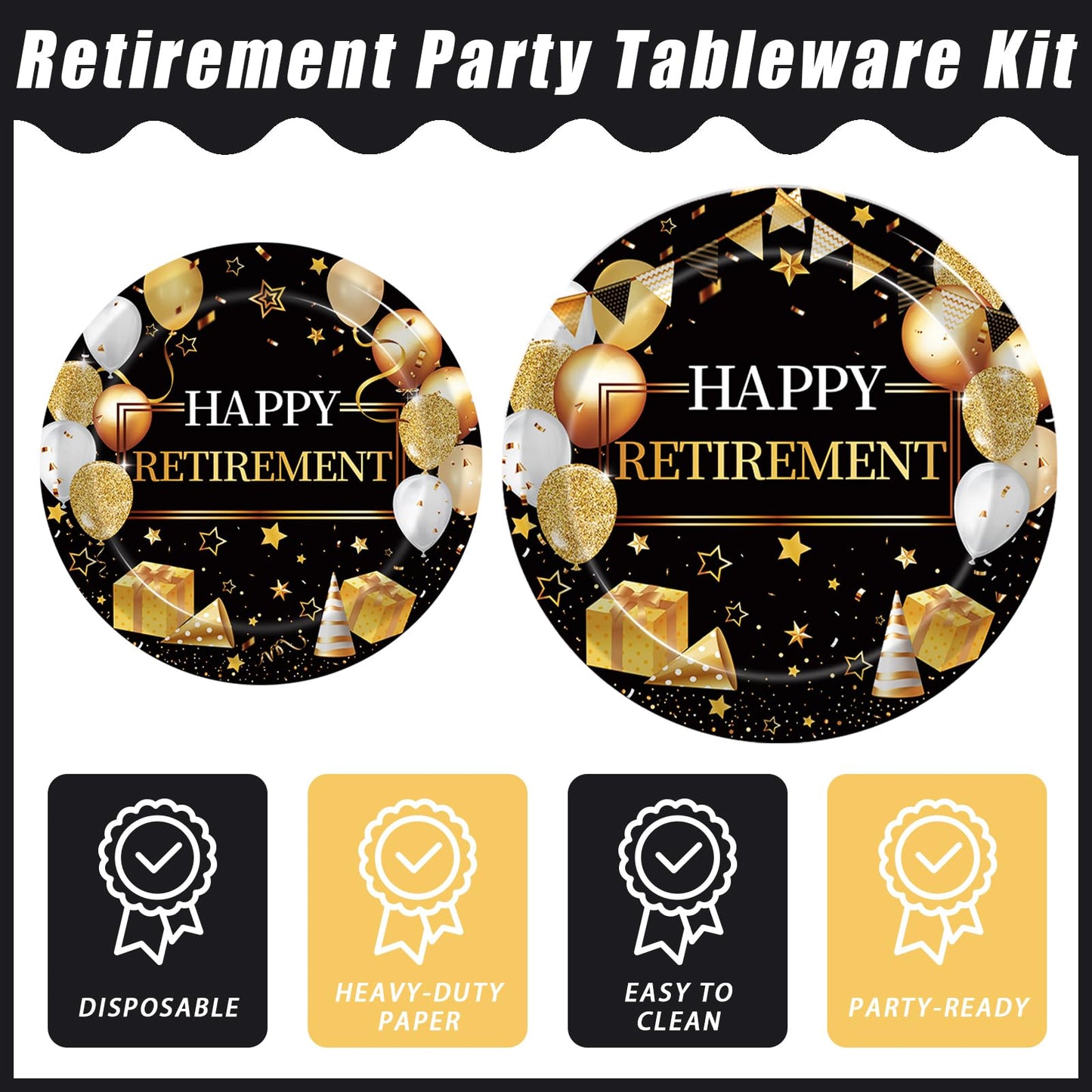 Kepeel 96 Pcs Retirement Party Plates & Napkins Set – Gold & Black Celebration Kit for 24