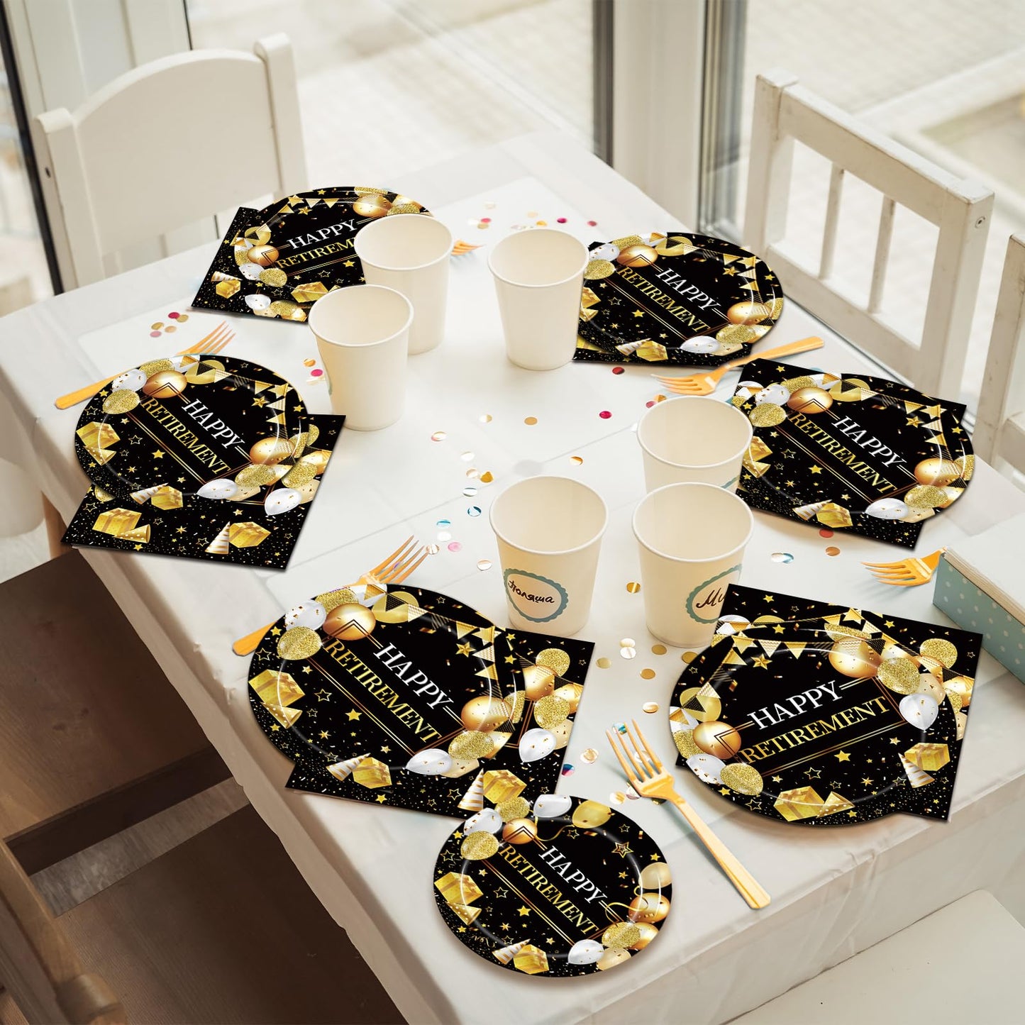 Kepeel 96 Pcs Retirement Party Plates & Napkins Set – Gold & Black Celebration Kit for 24