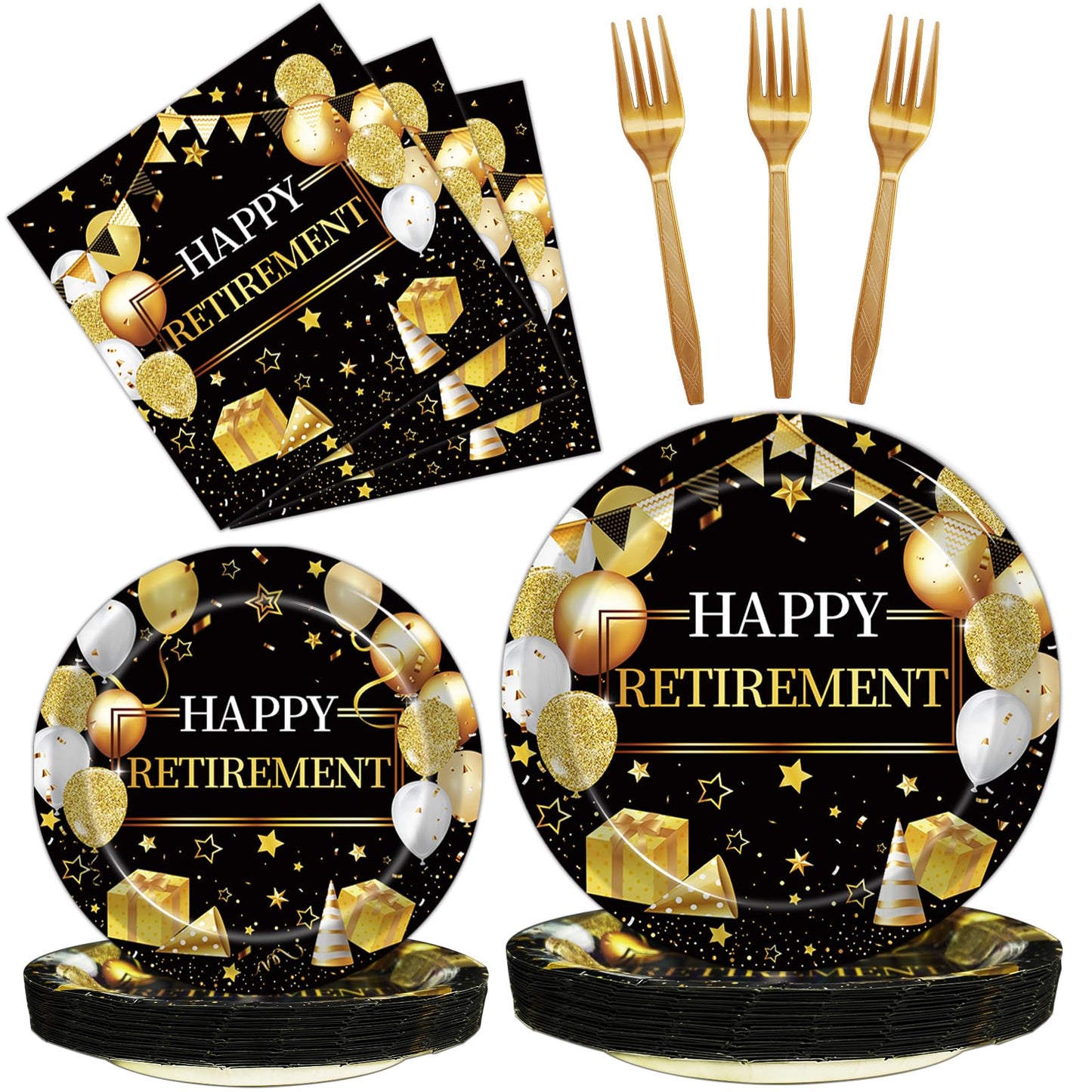 Kepeel 96 Pcs Retirement Party Plates & Napkins Set – Gold & Black Celebration Kit for 24