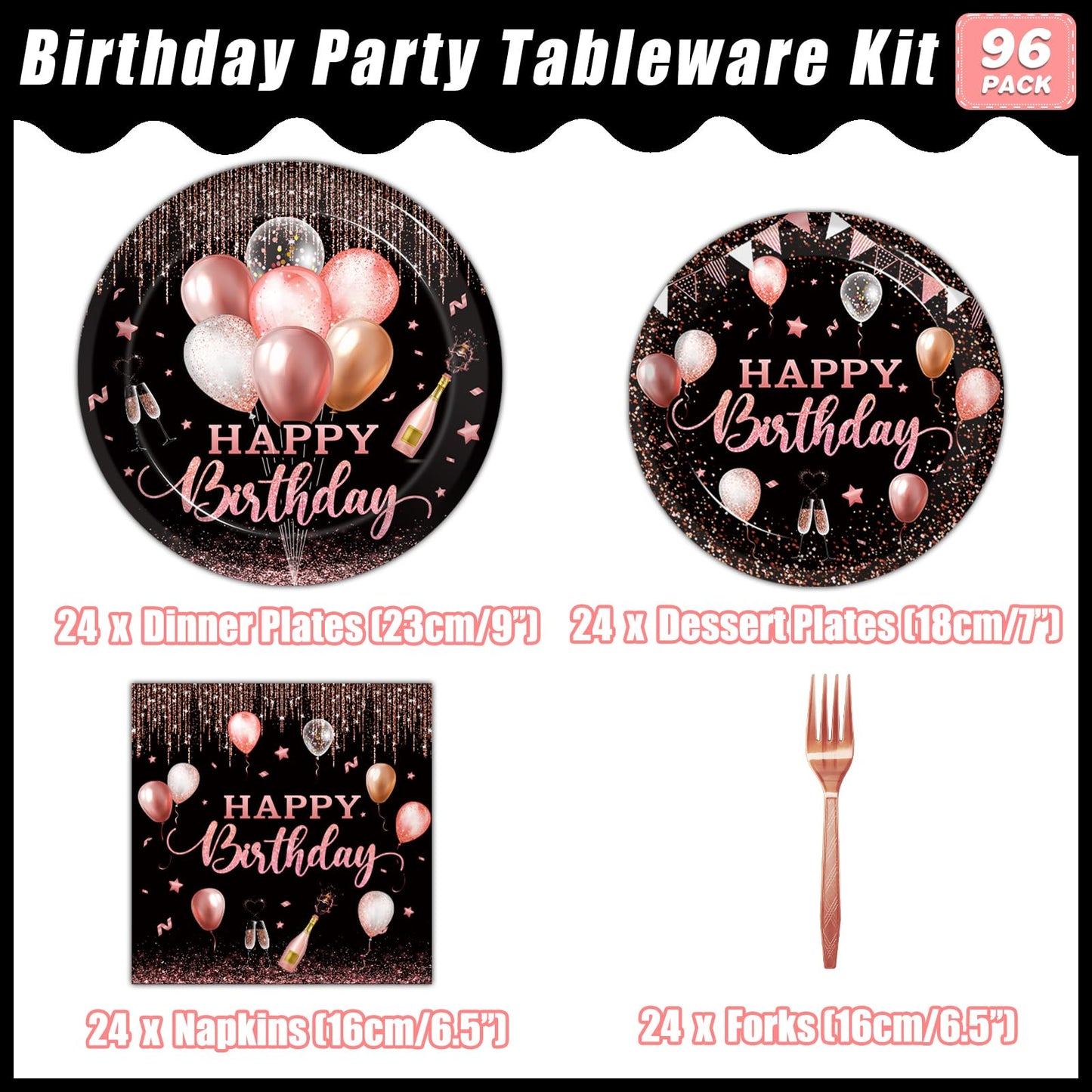 Kepeel 96 Pcs Rose Gold Birthday Party Tableware for 24 | Plates, Napkins & Cutlery