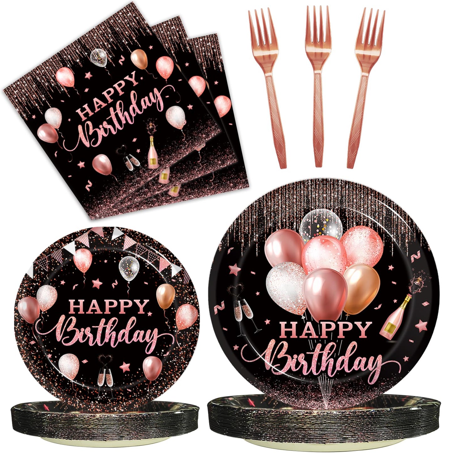 Kepeel 96 Pcs Rose Gold Birthday Party Tableware for 24 | Plates, Napkins & Cutlery