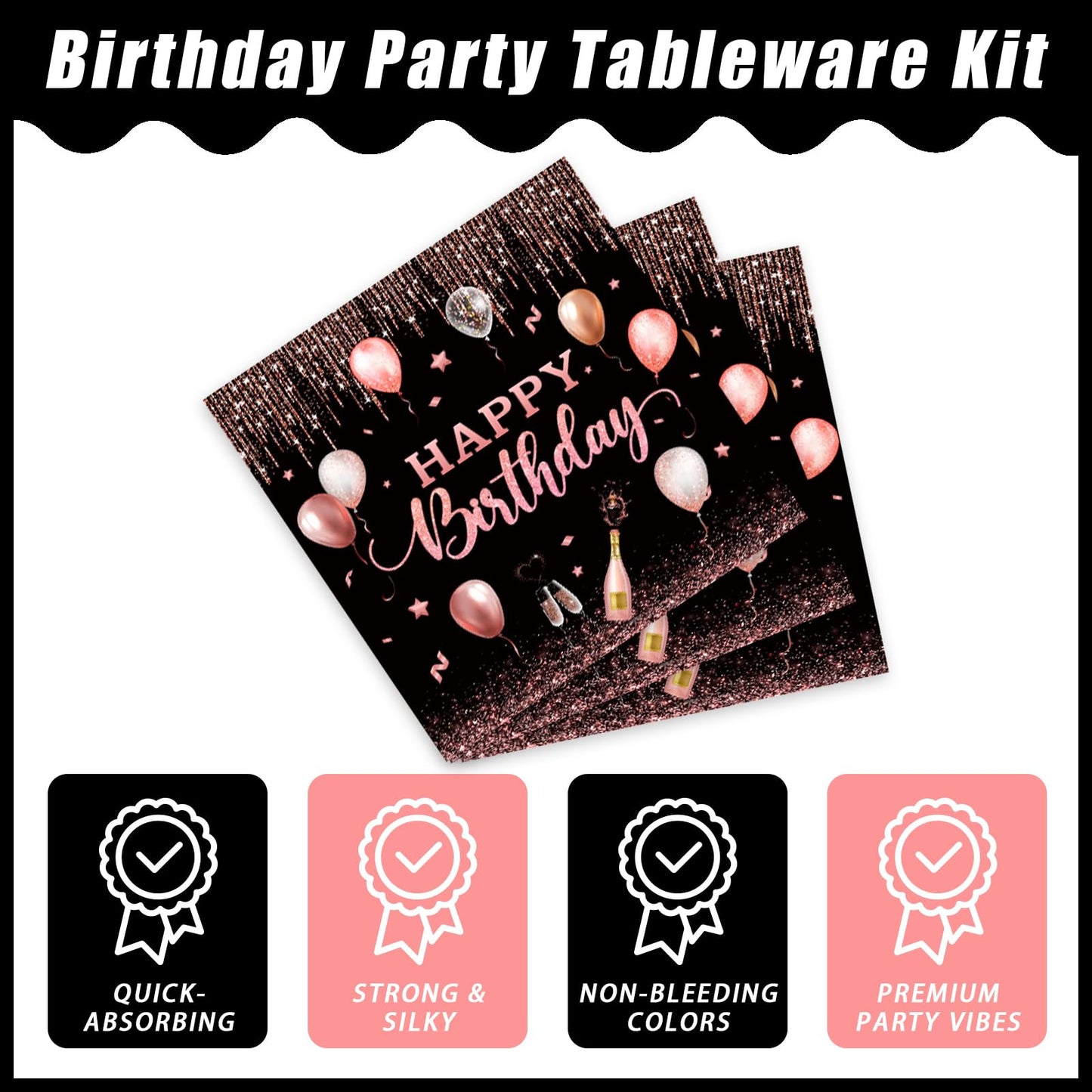 Kepeel 96 Pcs Rose Gold Birthday Party Tableware for 24 | Plates, Napkins & Cutlery