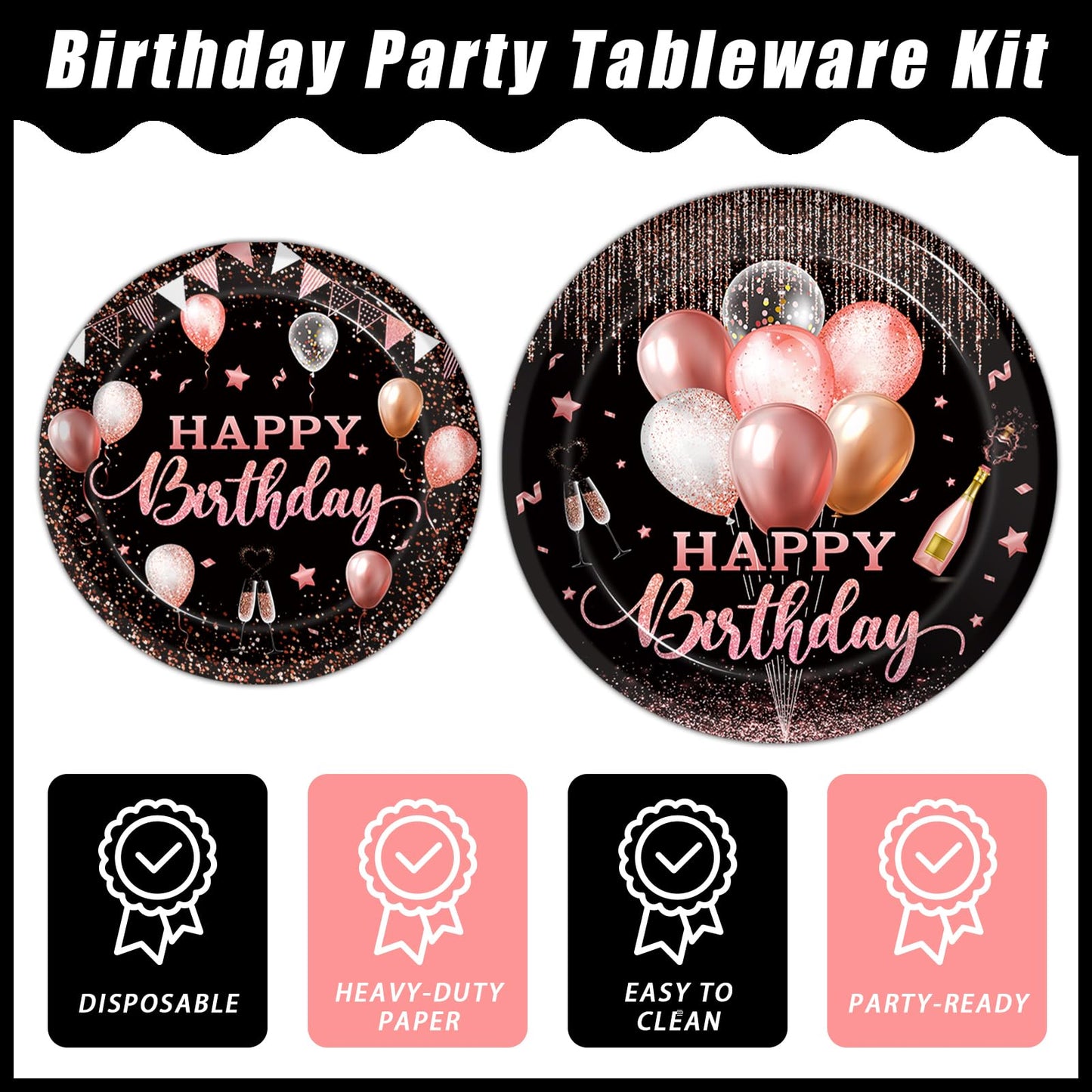 Kepeel 96 Pcs Rose Gold Birthday Party Tableware for 24 | Plates, Napkins & Cutlery