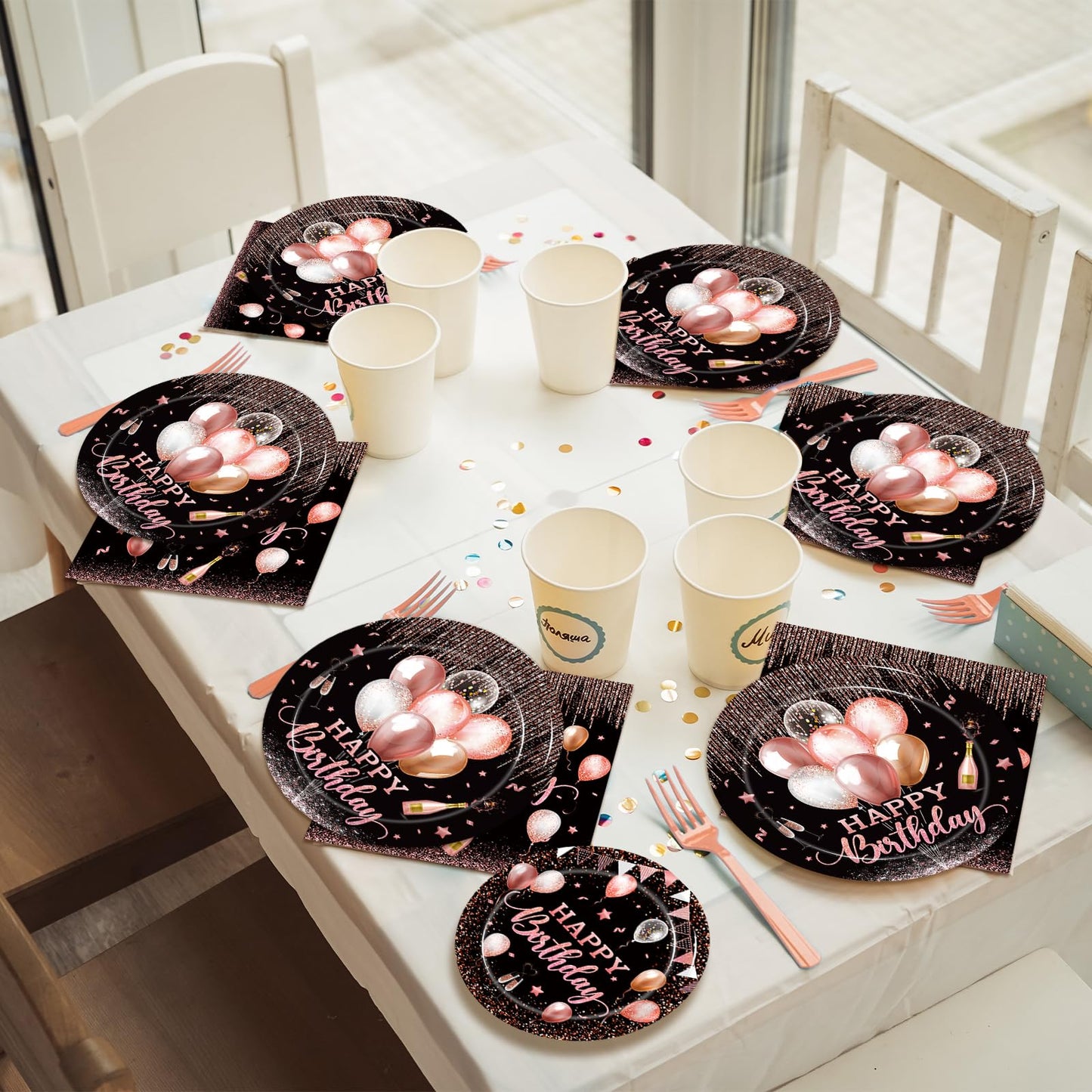 Kepeel 96 Pcs Rose Gold Birthday Party Tableware for 24 | Plates, Napkins & Cutlery