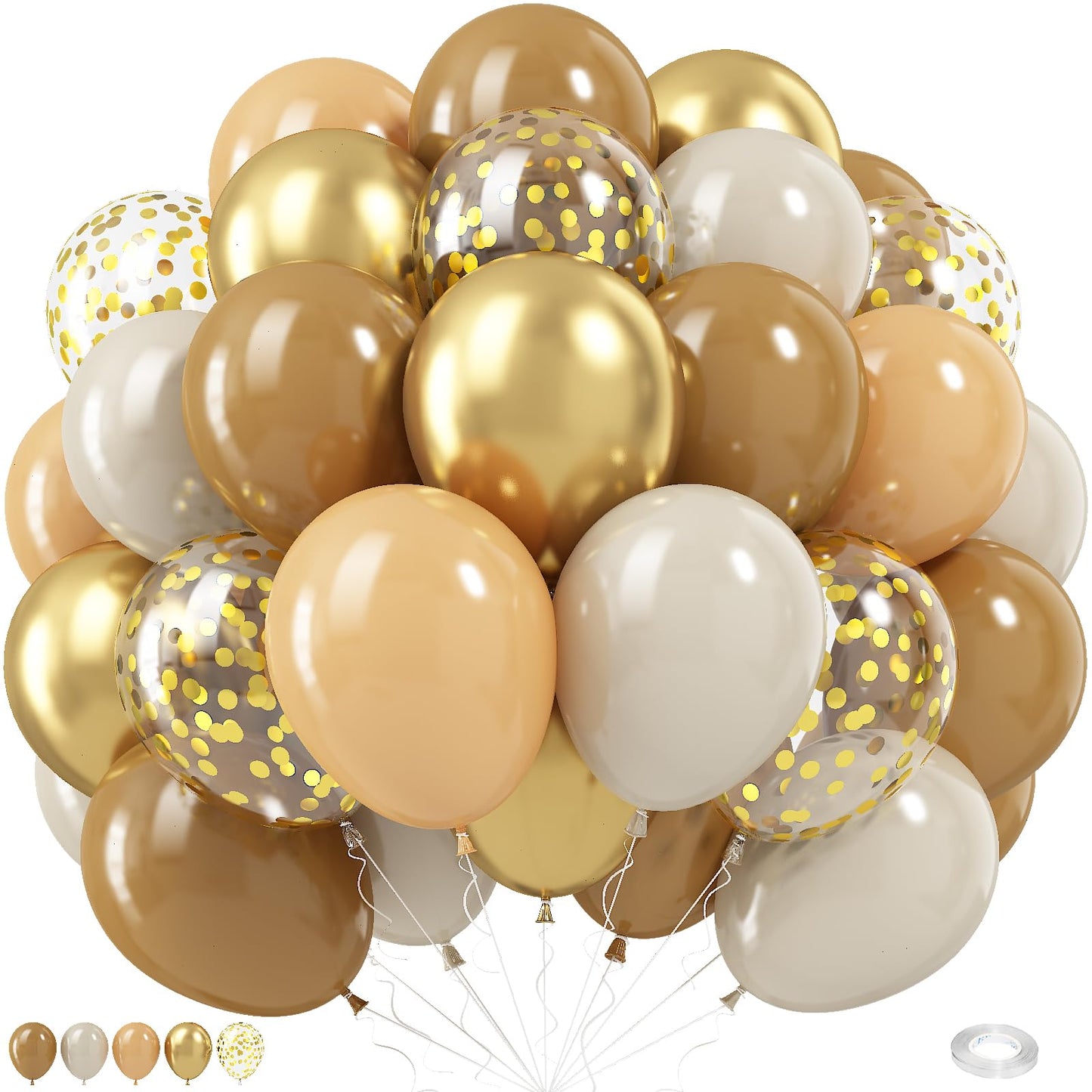 KEPMOV Brown and Gold Balloons Set – 60 Latex 12in Balloons with Confetti