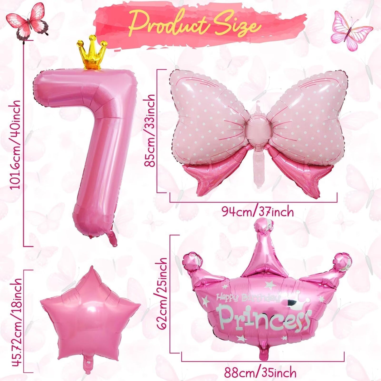 KEPMOV 7th Birthday Decorations for Girls — Pink 40in Number Balloon + Crown & Bow Set