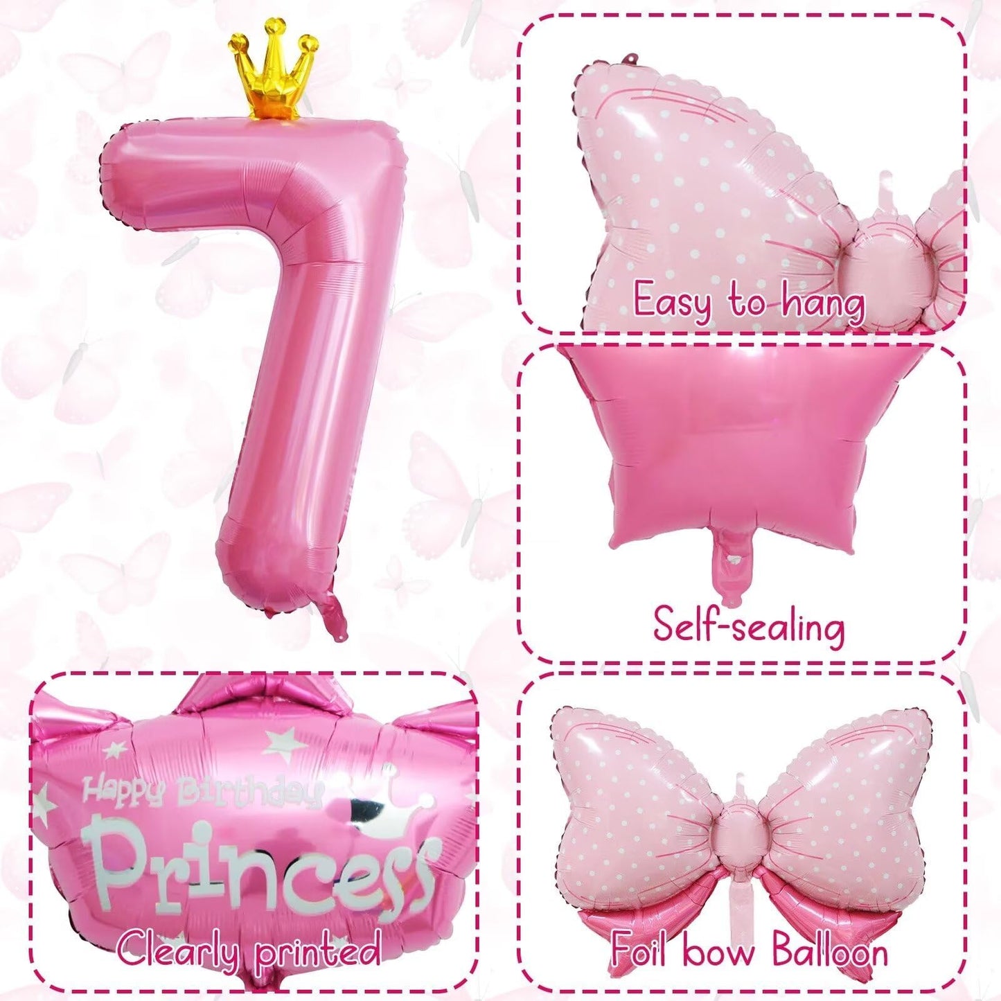 KEPMOV 7th Birthday Decorations for Girls — Pink 40in Number Balloon + Crown & Bow Set