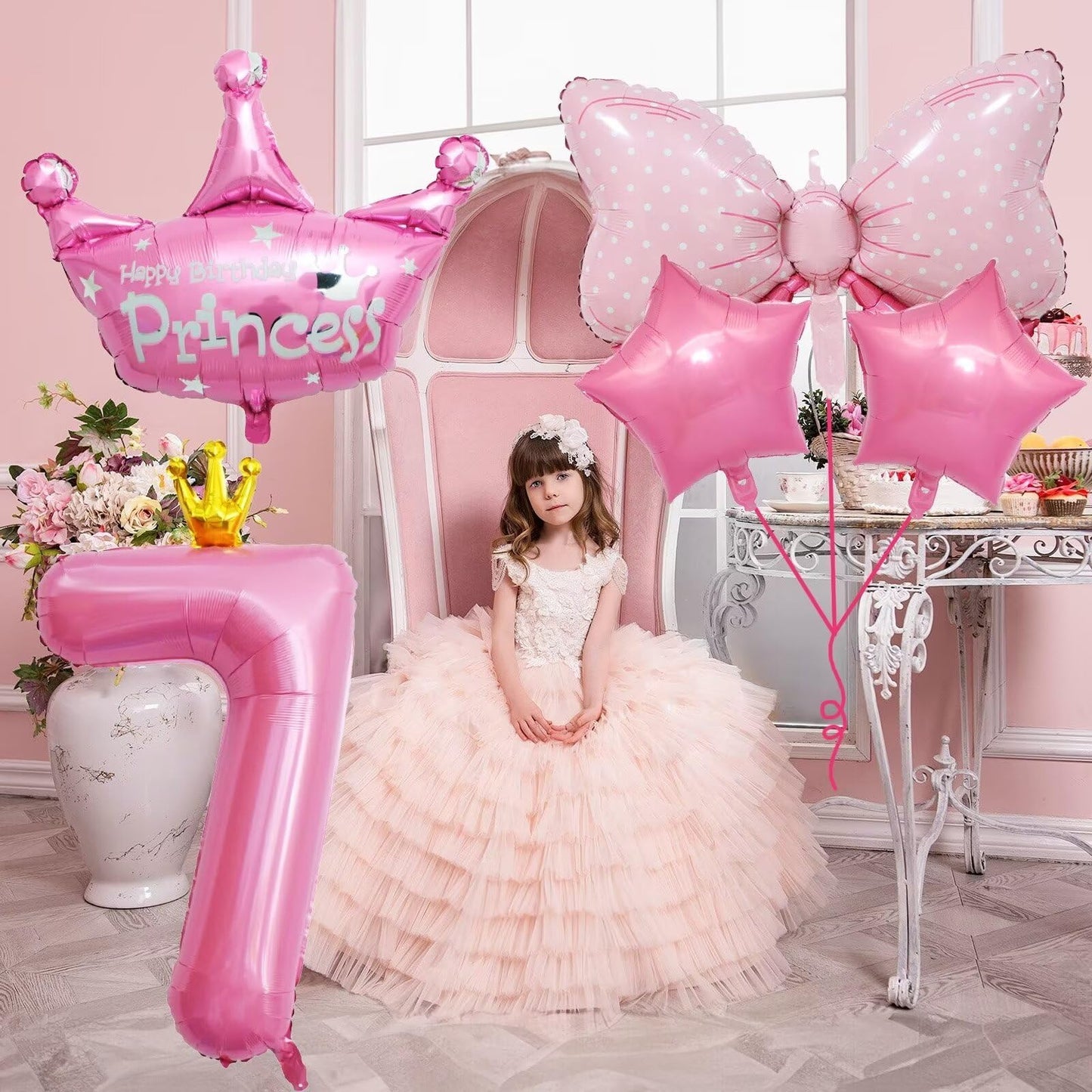 KEPMOV 7th Birthday Decorations for Girls — Pink 40in Number Balloon + Crown & Bow Set