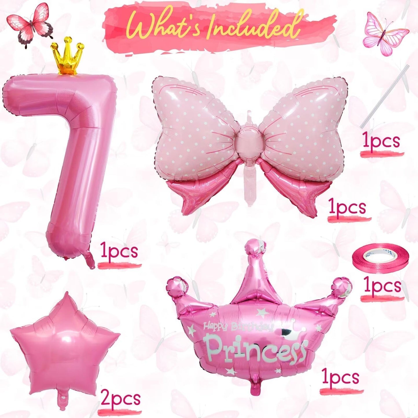 KEPMOV 7th Birthday Decorations for Girls — Pink 40in Number Balloon + Crown & Bow Set