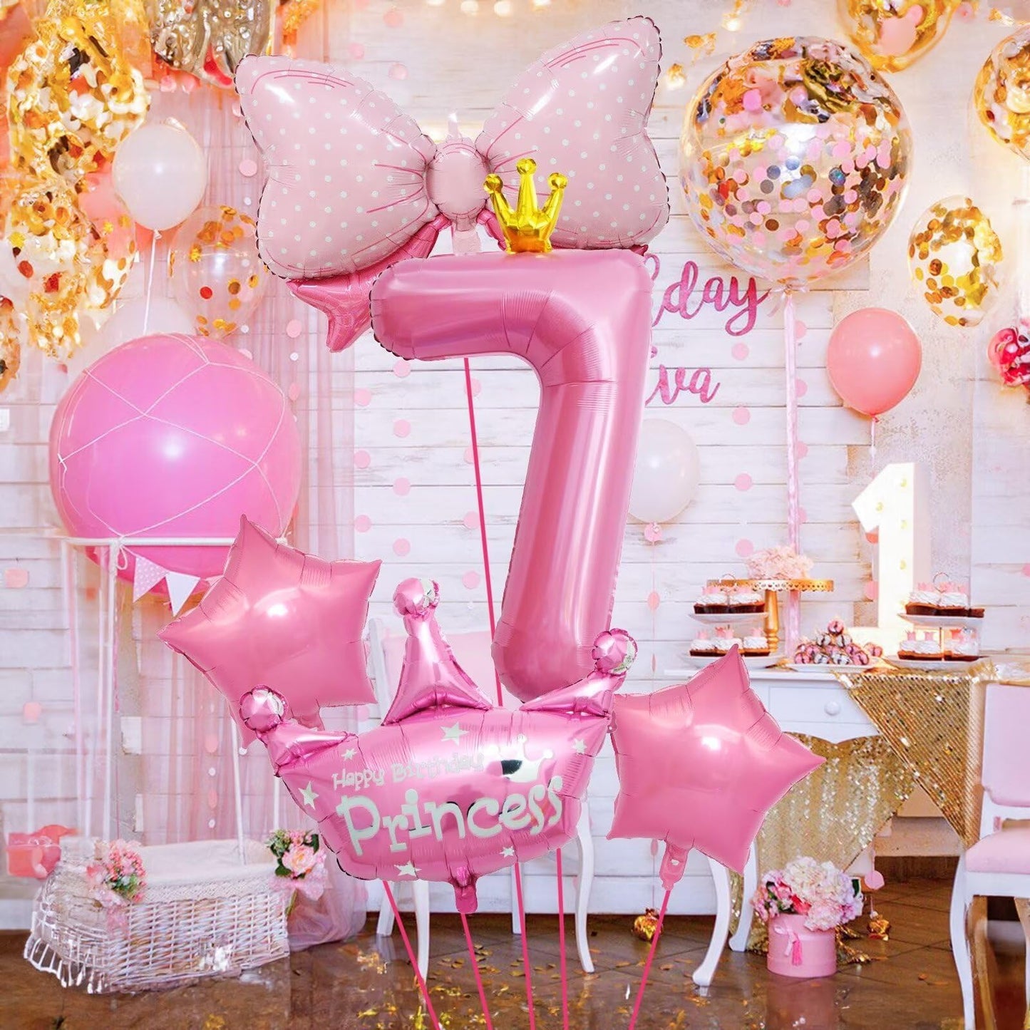 KEPMOV 7th Birthday Decorations for Girls — Pink 40in Number Balloon + Crown & Bow Set