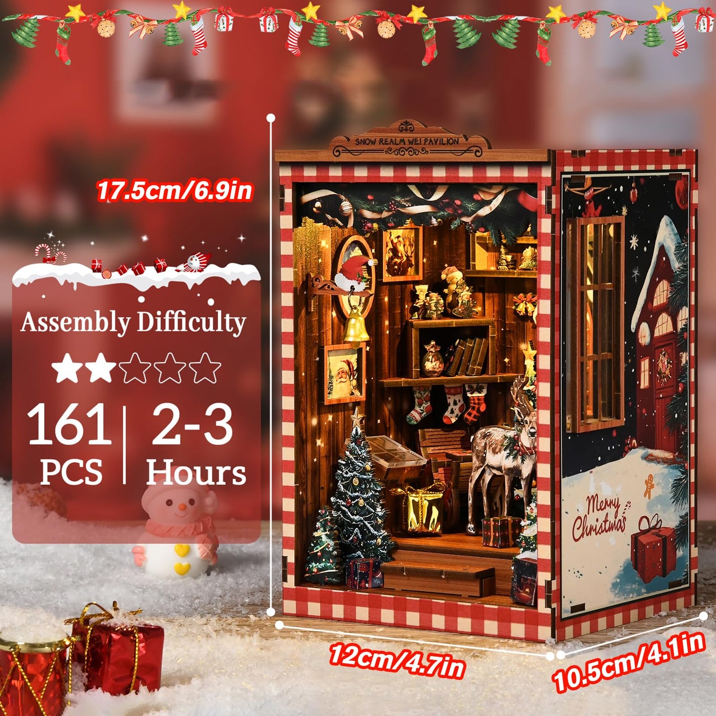 KERNOWO Book Nook Kit - DIY 3D Wooden Puzzle Snow Pavilion for Bookshelves