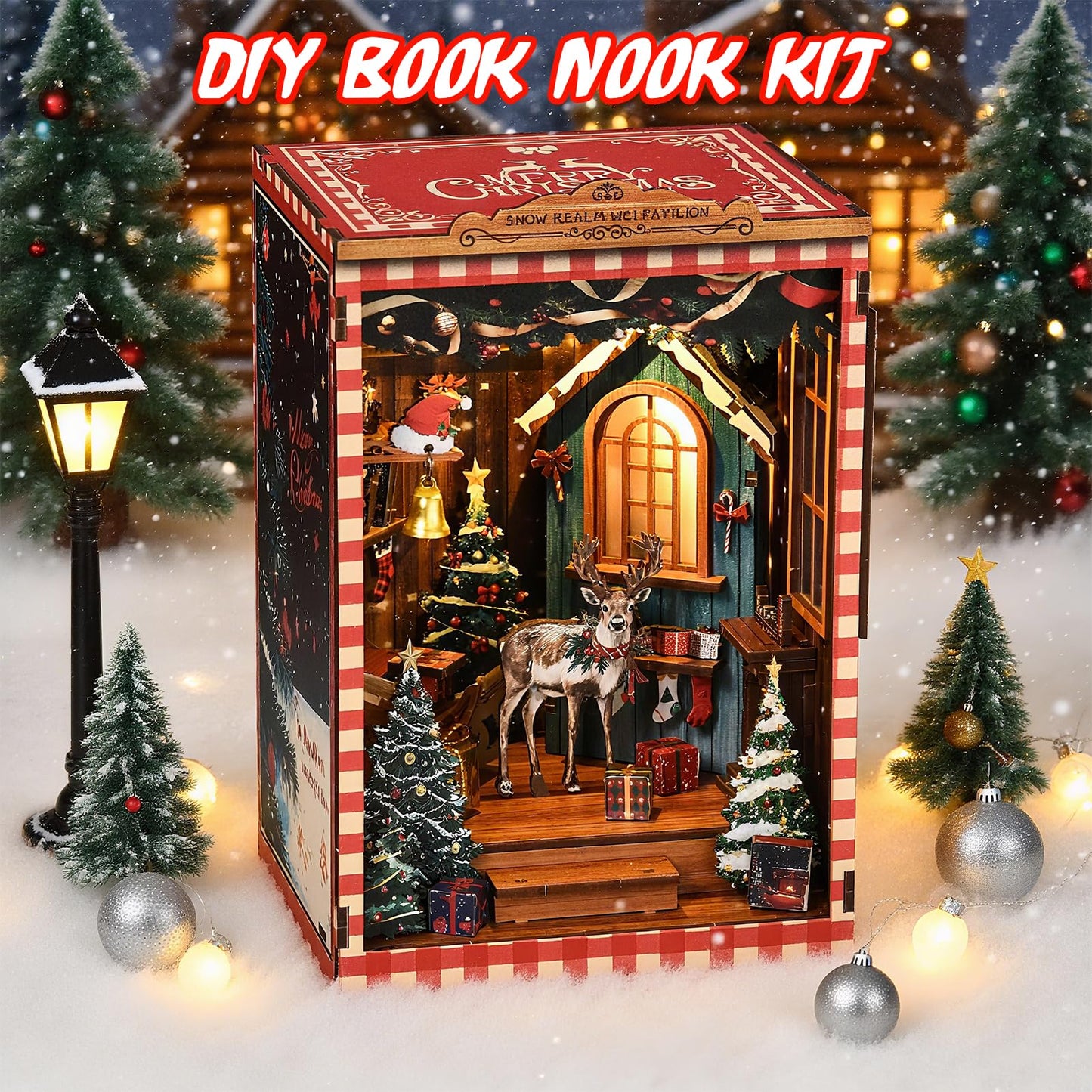 KERNOWO Book Nook Kit - DIY 3D Wooden Puzzle Snow Pavilion for Bookshelves