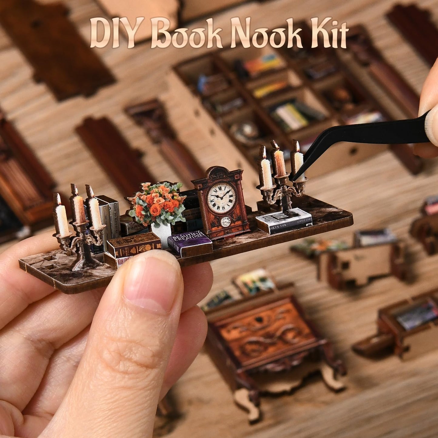 KERNOWO Book Nook Kit | DIY 3D Wooden Puzzles for Adults & Teens | Miniature Library House