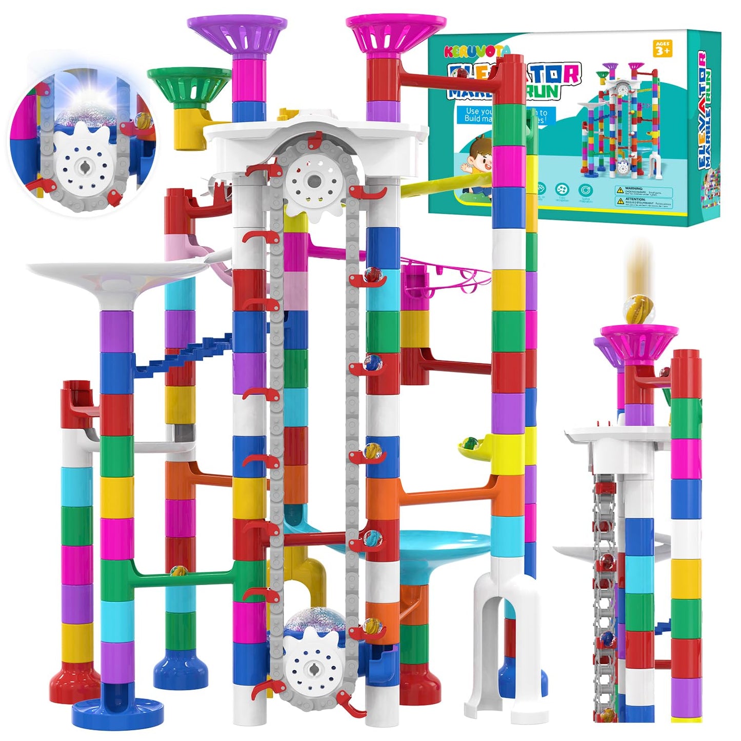 KERUVOTA Big Motorized Marble Run – 220-Piece Elevator Marble Track STEM Toy for Kids