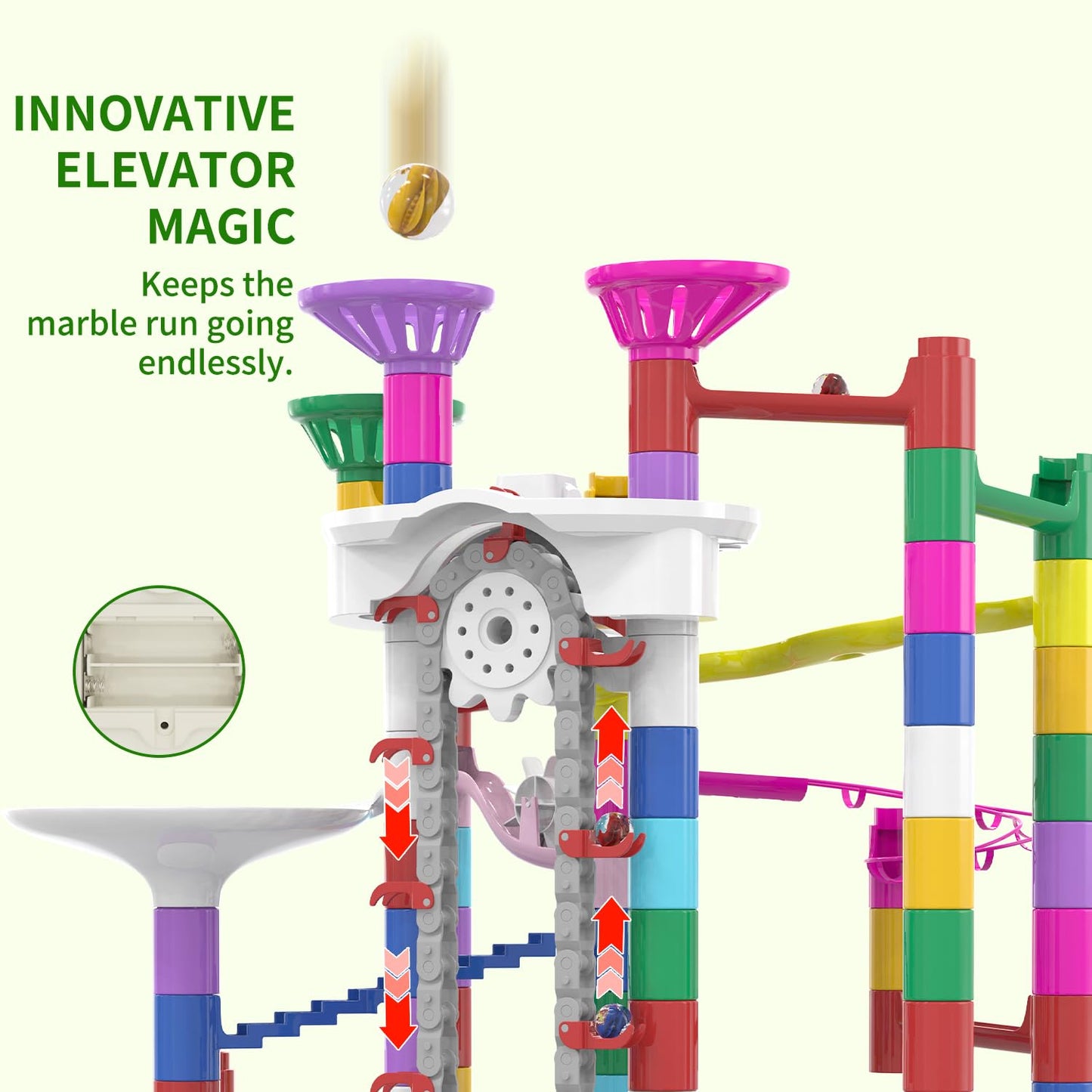 KERUVOTA Big Motorized Marble Run – 220-Piece Elevator Marble Track STEM Toy for Kids