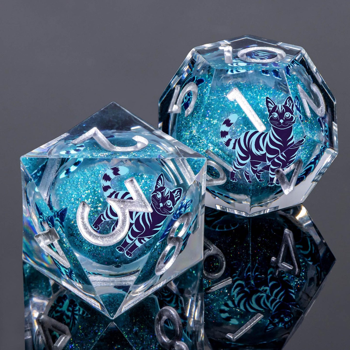 KERWELLSI Cat Liquid Core DND Dice Set - 7Pcs Blue Resin D&D Dice with Sharp Edges & Gift Box