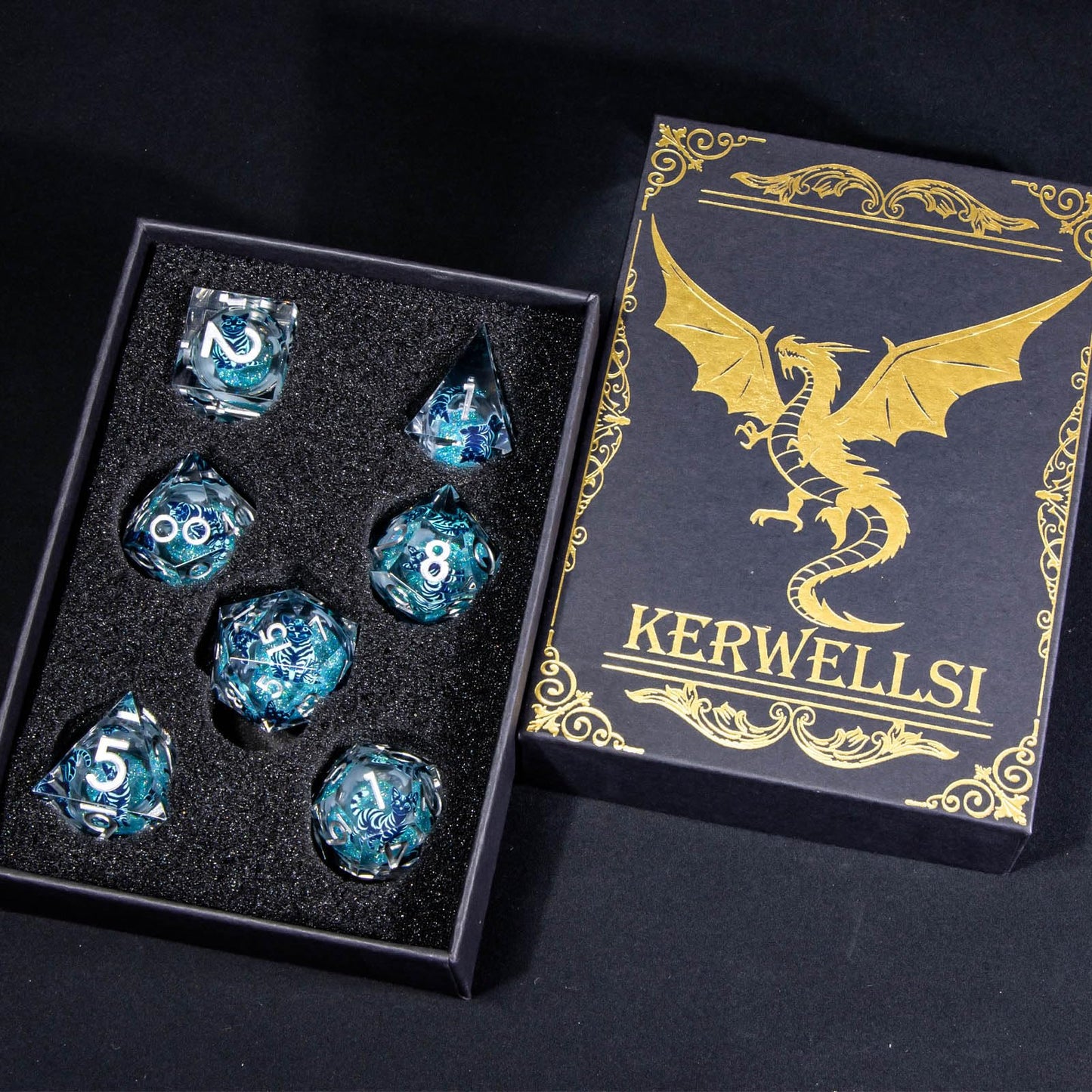 KERWELLSI Cat Liquid Core DND Dice Set - 7Pcs Blue Resin D&D Dice with Sharp Edges & Gift Box