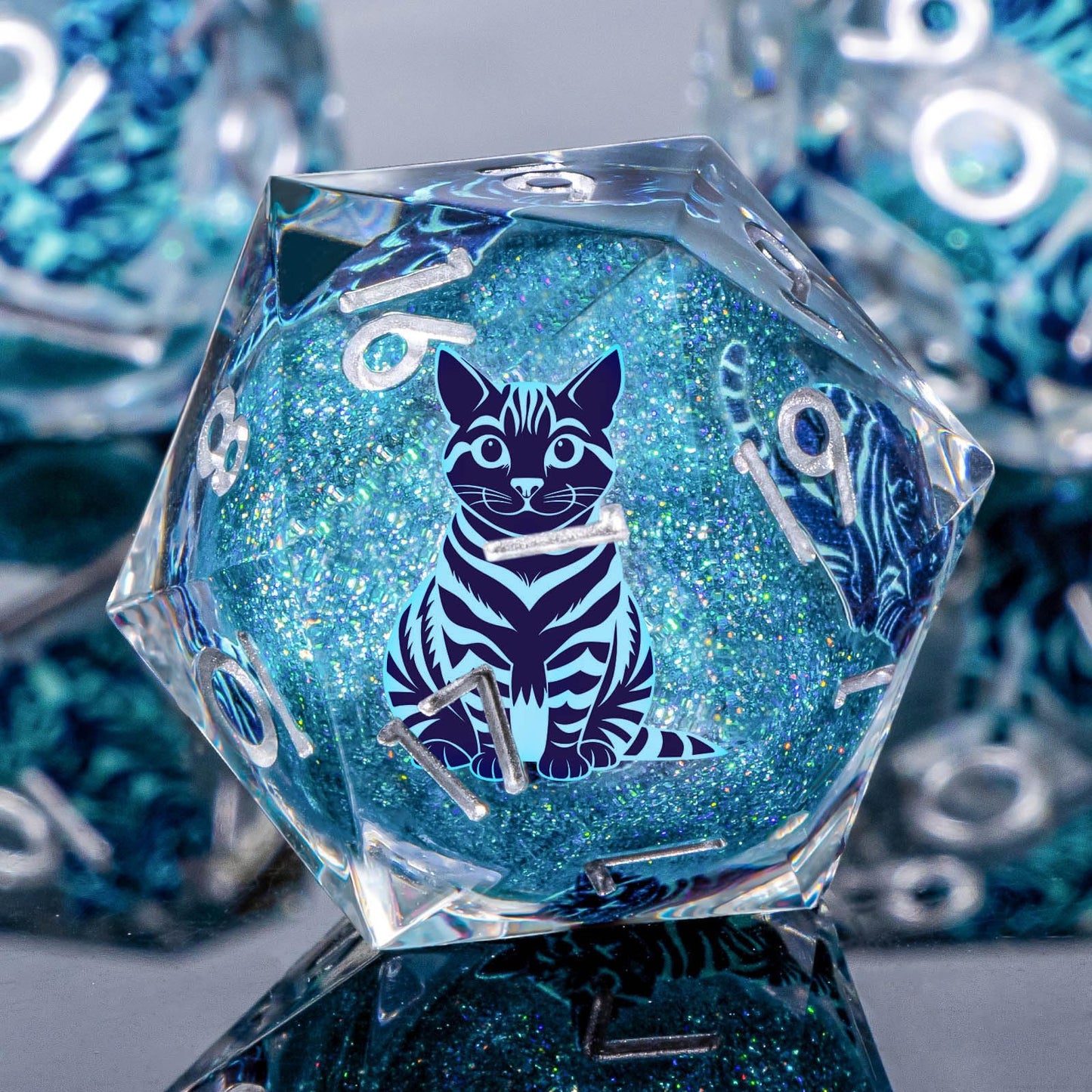 KERWELLSI Cat Liquid Core DND Dice Set - 7Pcs Blue Resin D&D Dice with Sharp Edges & Gift Box