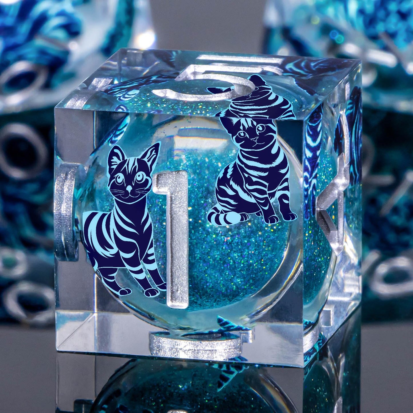KERWELLSI Cat Liquid Core DND Dice Set - 7Pcs Blue Resin D&D Dice with Sharp Edges & Gift Box