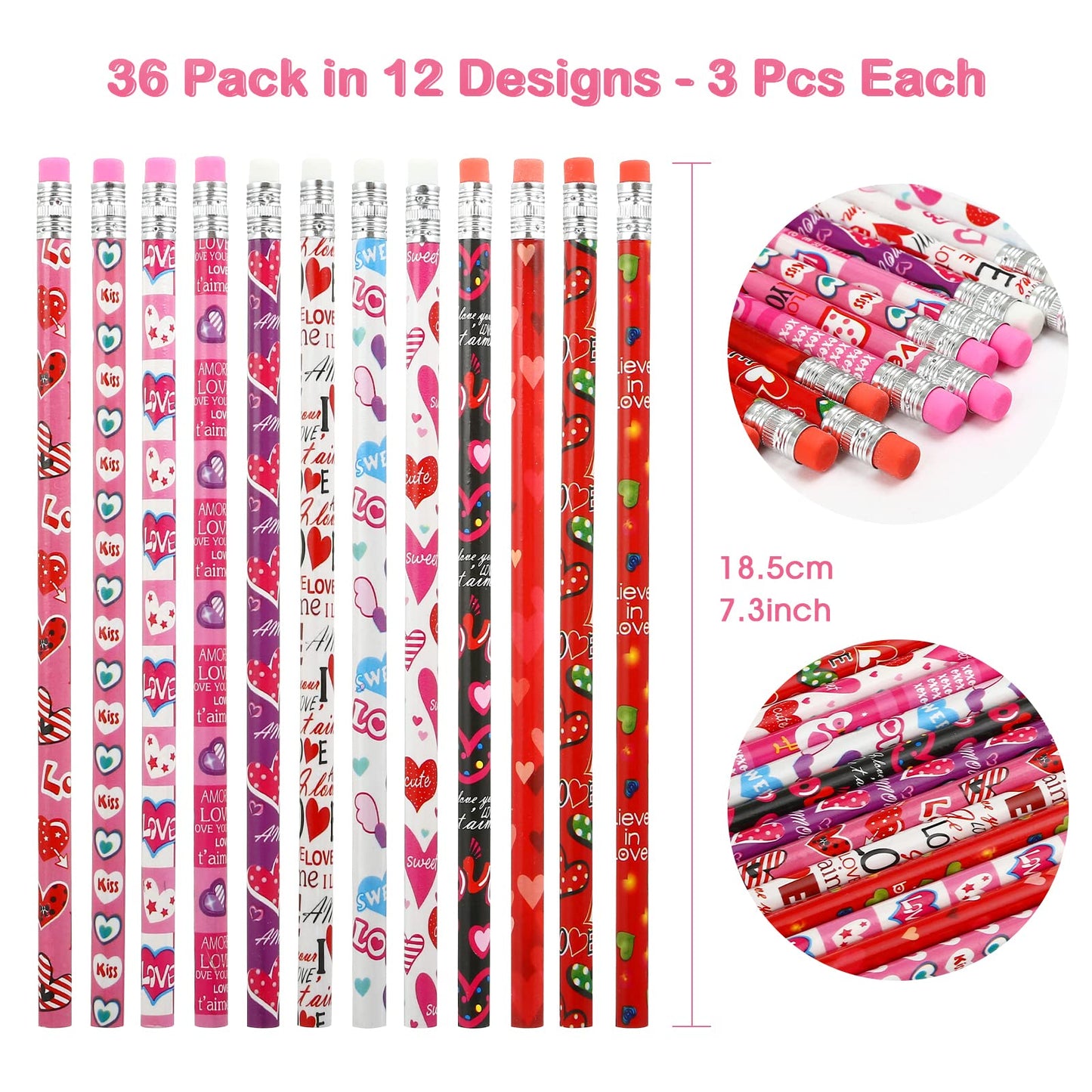 Kesote Valentine Pencils for Kids - 36-Pack Heart Pencils with Erasers | Classroom Valentines