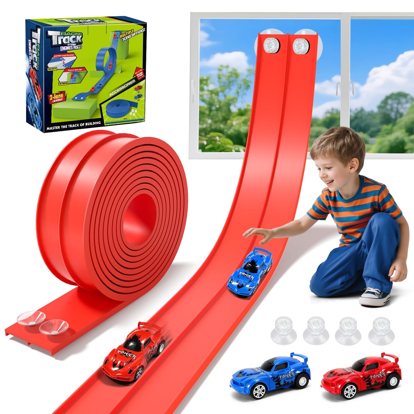 KETIEE Flex Tracks 16 Ft – Flexible Race Track for Kids with 2 Cars & 4 Suction Cups