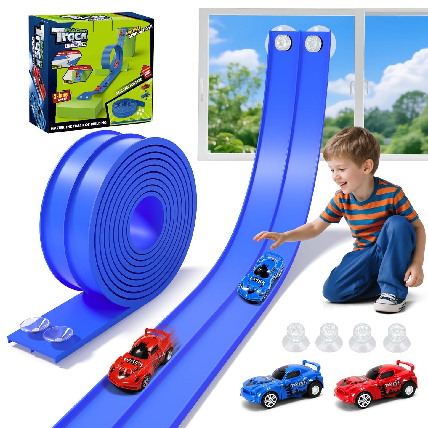 KETIEE Flex Tracks 16 Ft – Flexible 2-Lane Race Track with 2 Cars & Suction Cups | Portable Roll-Up Raceway for Kids 3+