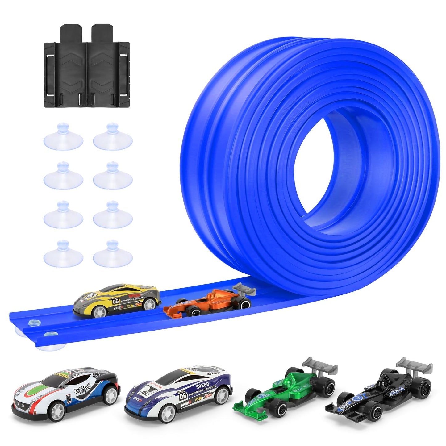 KETIEE Flex Tracks 16ft – Portable Two-Lane Race Track with 4 Cars & 8 Suction Cups for 1/50–1/64 Diecast Cars | Rolls Up for Ages 3+