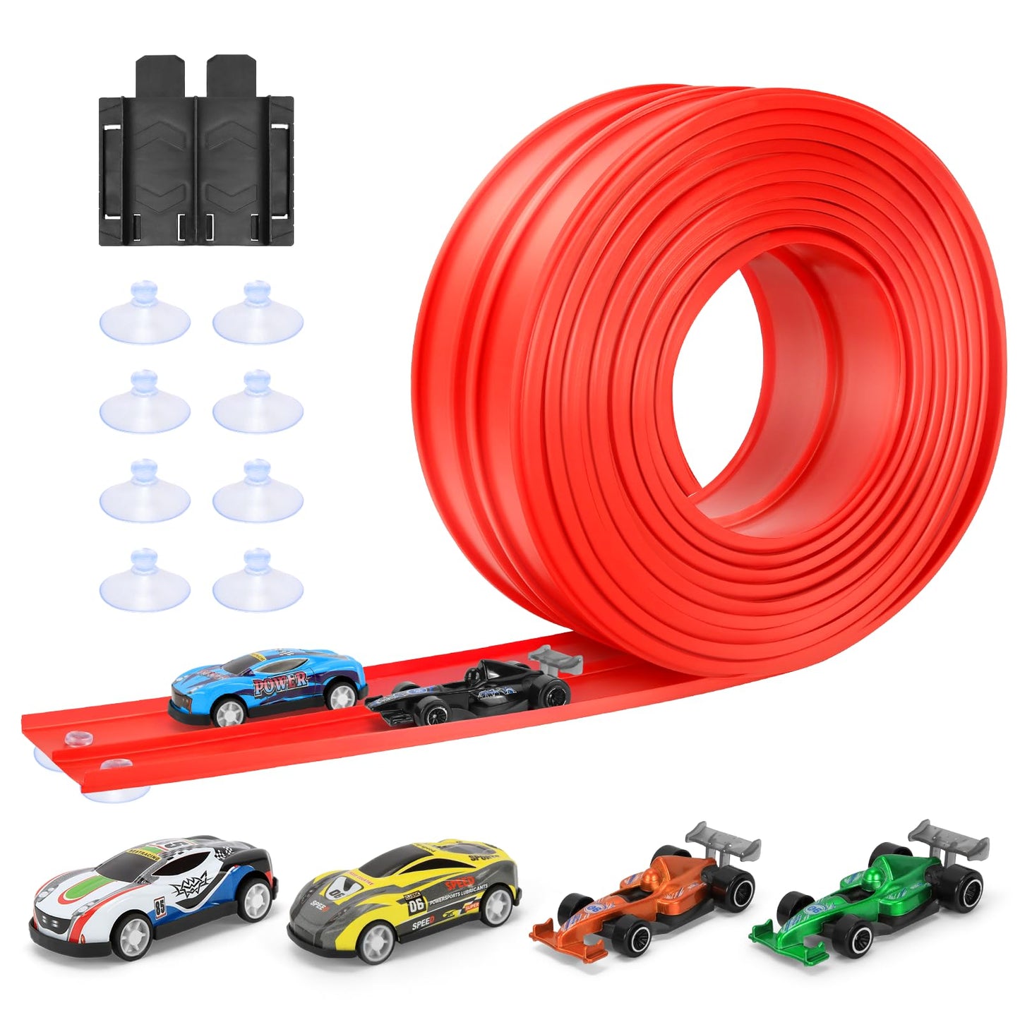 KETIEE Flex Tracks 16Ft for Kids – Flexible Race Track with 4 Cars & 8 Suction Cups, Portable Roll-Up