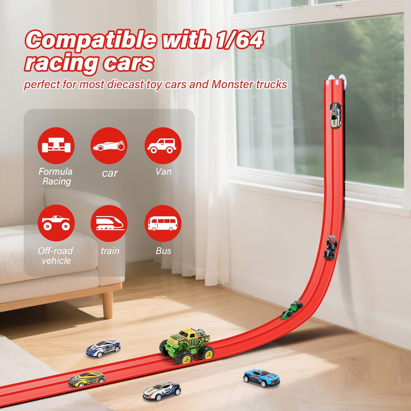 KETIEE Flex Tracks 16Ft for Kids – Flexible Race Track with 4 Cars & 8 Suction Cups, Portable Roll-Up