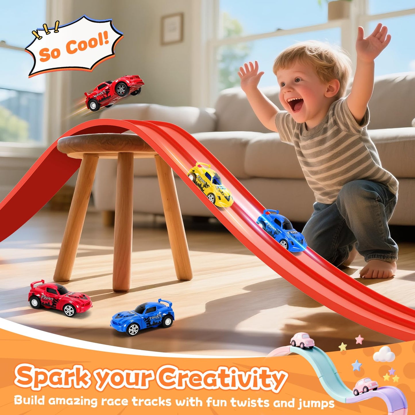 KETIEE Flex Tracks 16 Ft – Flexible Race Track for Kids with 2 Cars & 4 Suction Cups