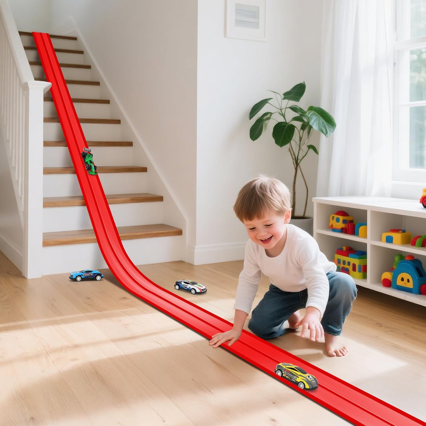 KETIEE Flex Tracks 16Ft for Kids – Flexible Race Track with 4 Cars & 8 Suction Cups, Portable Roll-Up